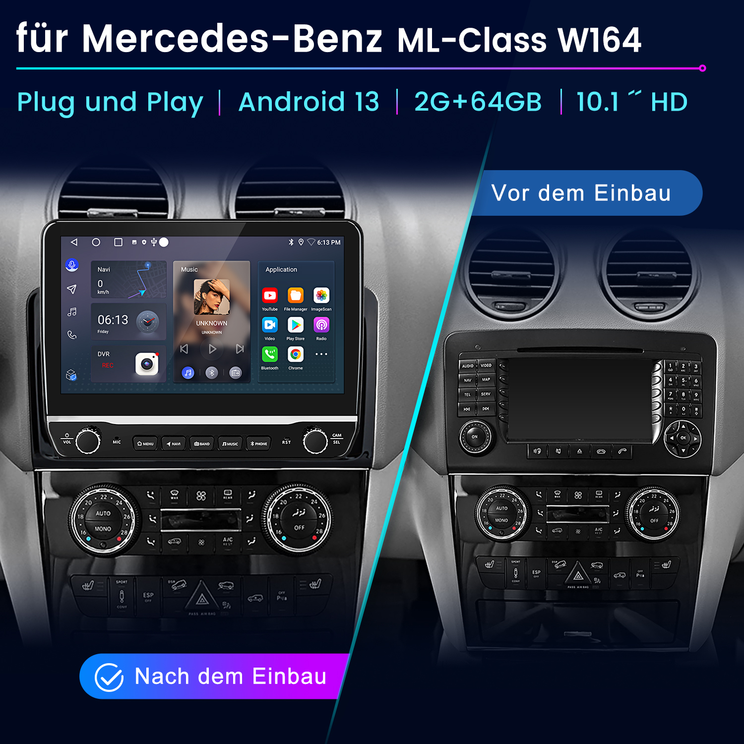 Auto-Armaturenbrett mit Vorher-Nachher-Installation eines neuen Android-Systems. Enthält Bildschirm, Knöpfe und Text.