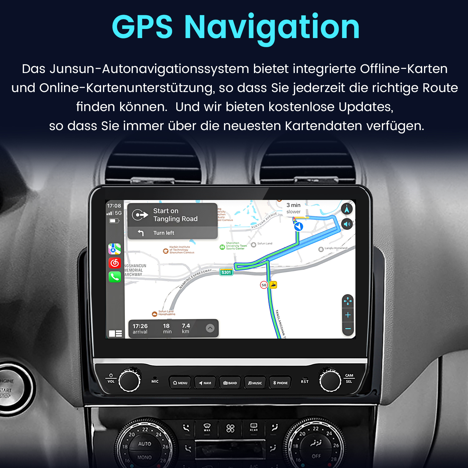 Auto-Armaturenbrett mit GPS-Navigation, Kartendarstellung, Route und Steuertasten.