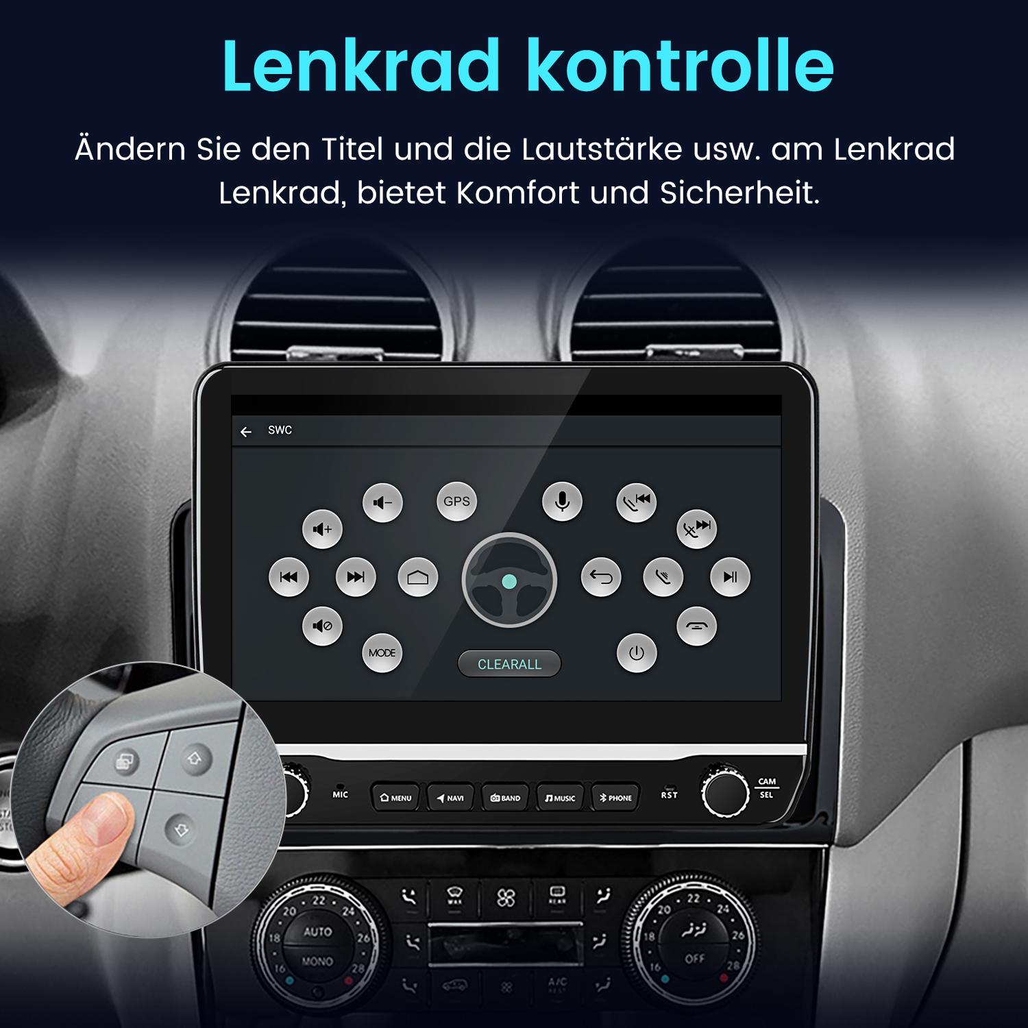 Autointerieur mit zentralem Bildschirm, der Bedienelemente anzeigt. Eine Hand drückt eine Taste an der Lenkradsteuerung. Text: Lenkrad Kontrolle.