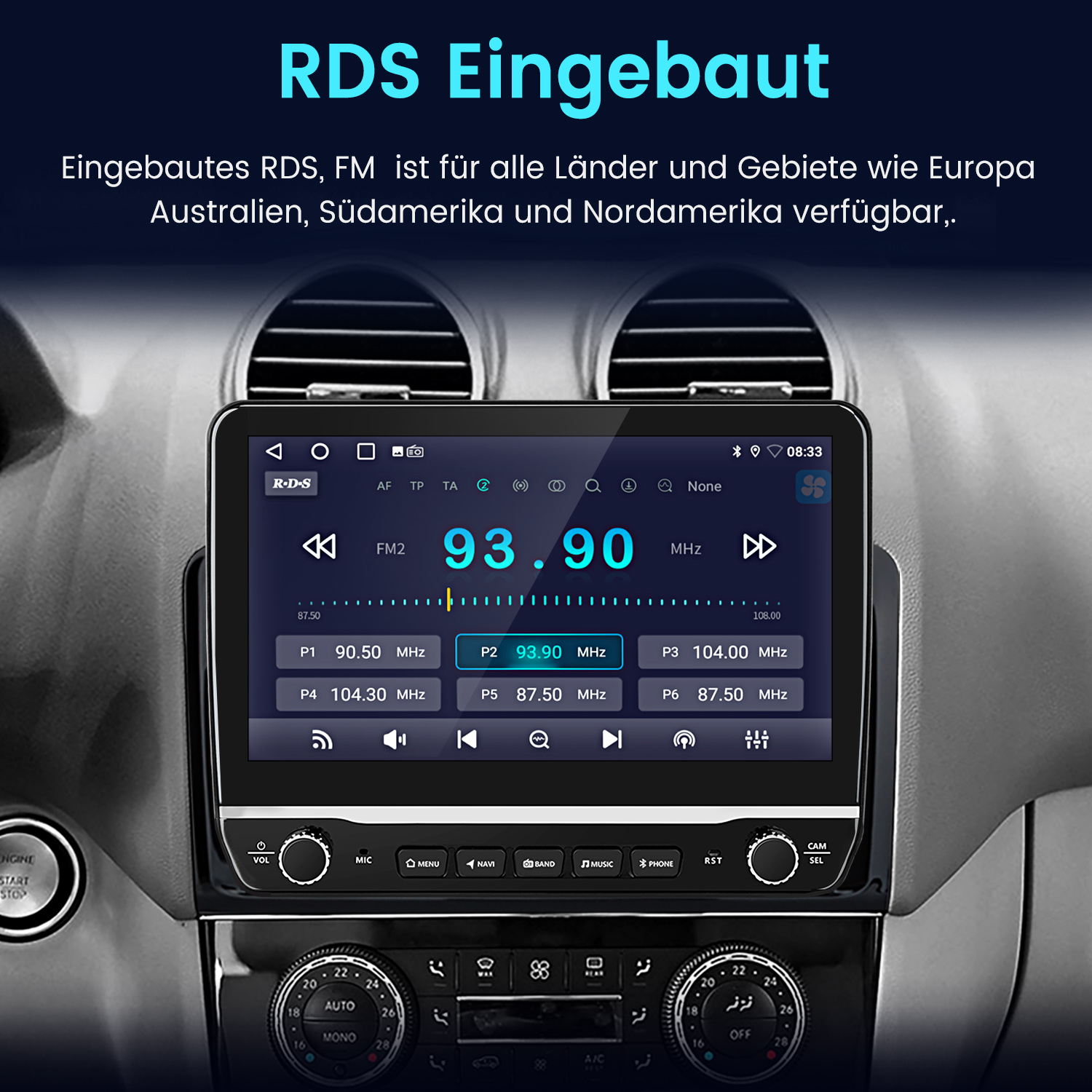 Autoradio-Bildschirm mit 93,90 MHz, mit Knöpfen und einem Knopf. Der Text oben lautet 'RDS Eingebaut'.