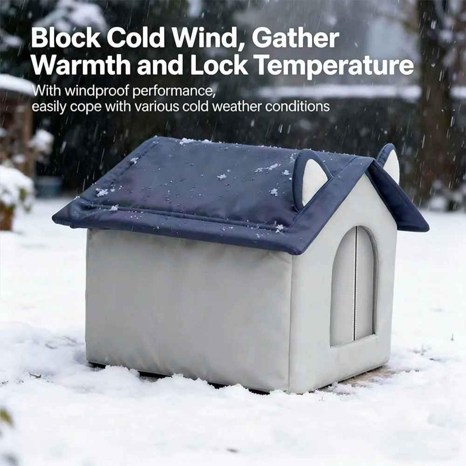 Ein Hundehäuschen mit blauem Dach und Ohren in einer verschneiten Umgebung. Der Text lautet 'Block Cold Wind'.
