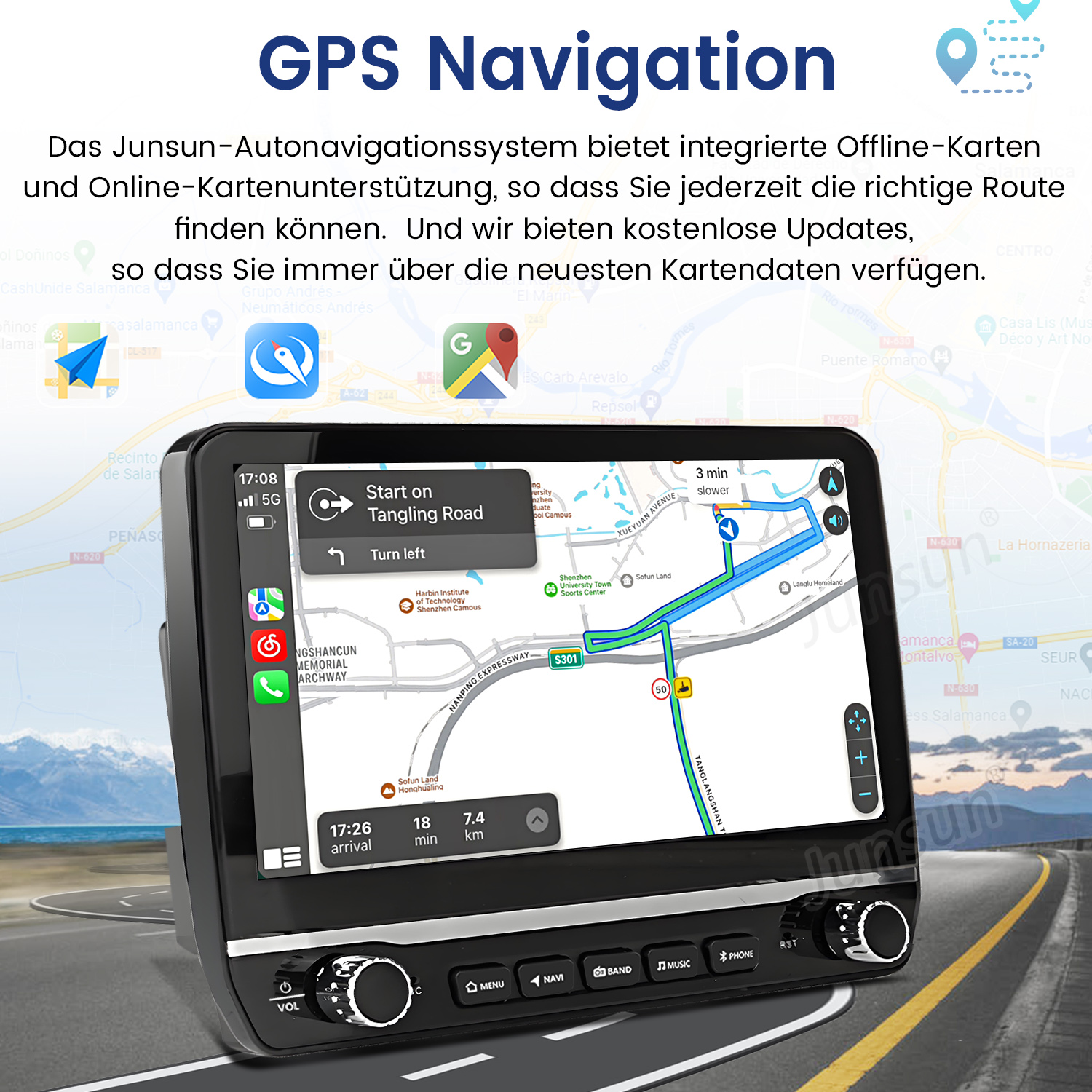 Auto-Navigationssystem-Bildschirm mit Karten- und Routeninformationen, GPS-Navigation und Steuertasten.