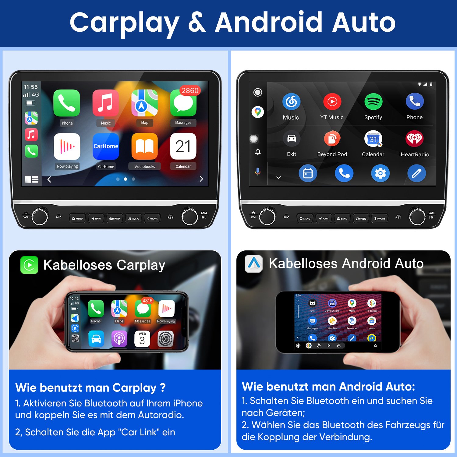 Das Bild zeigt Auto-Displays mit CarPlay- und Android Auto-Oberflächen sowie Schritte zur Verwendung.