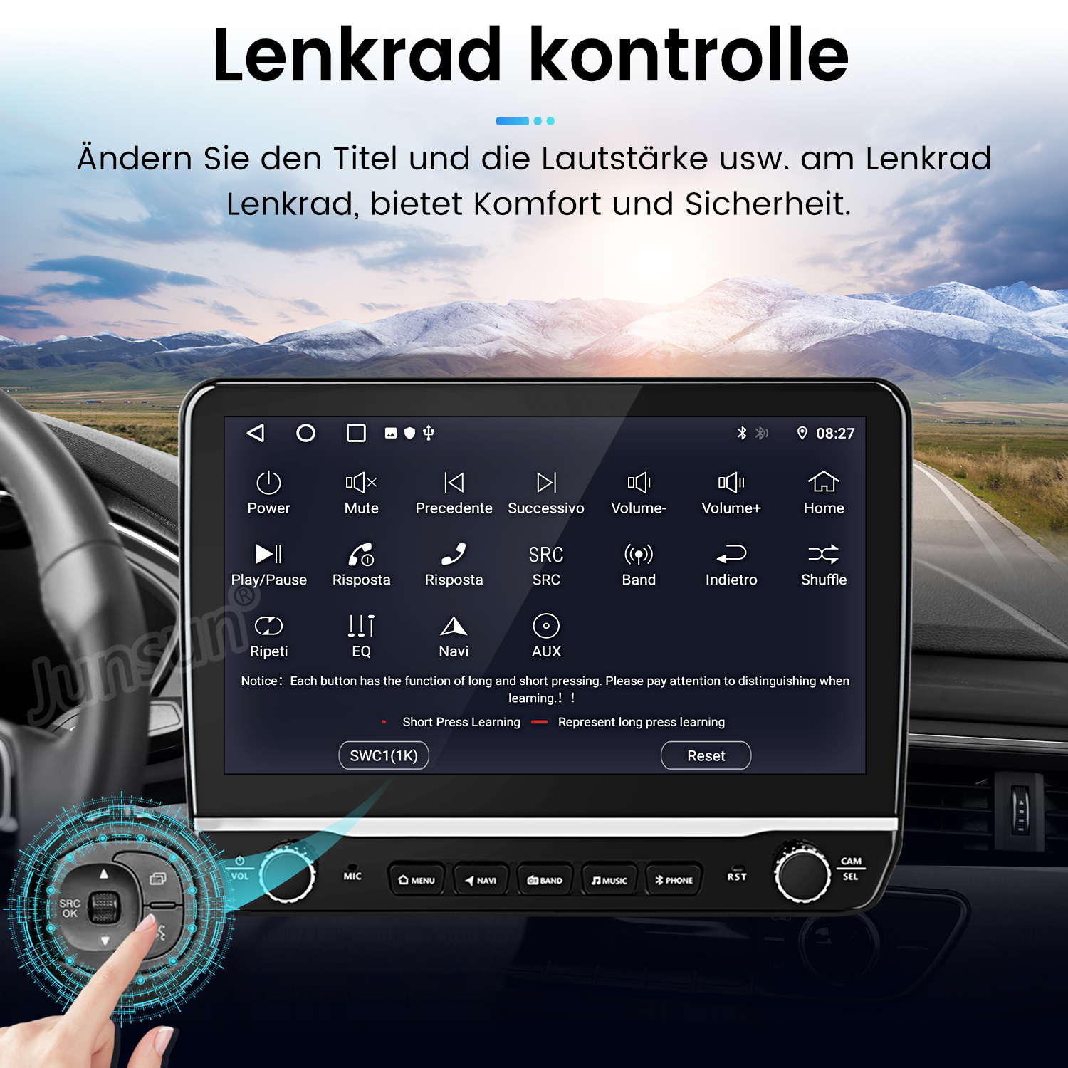 Autoradiobildschirm mit Bedienelementen. Enthält eine Hand, die auf eine Taste zeigt. Berge sind im Hintergrund sichtbar.