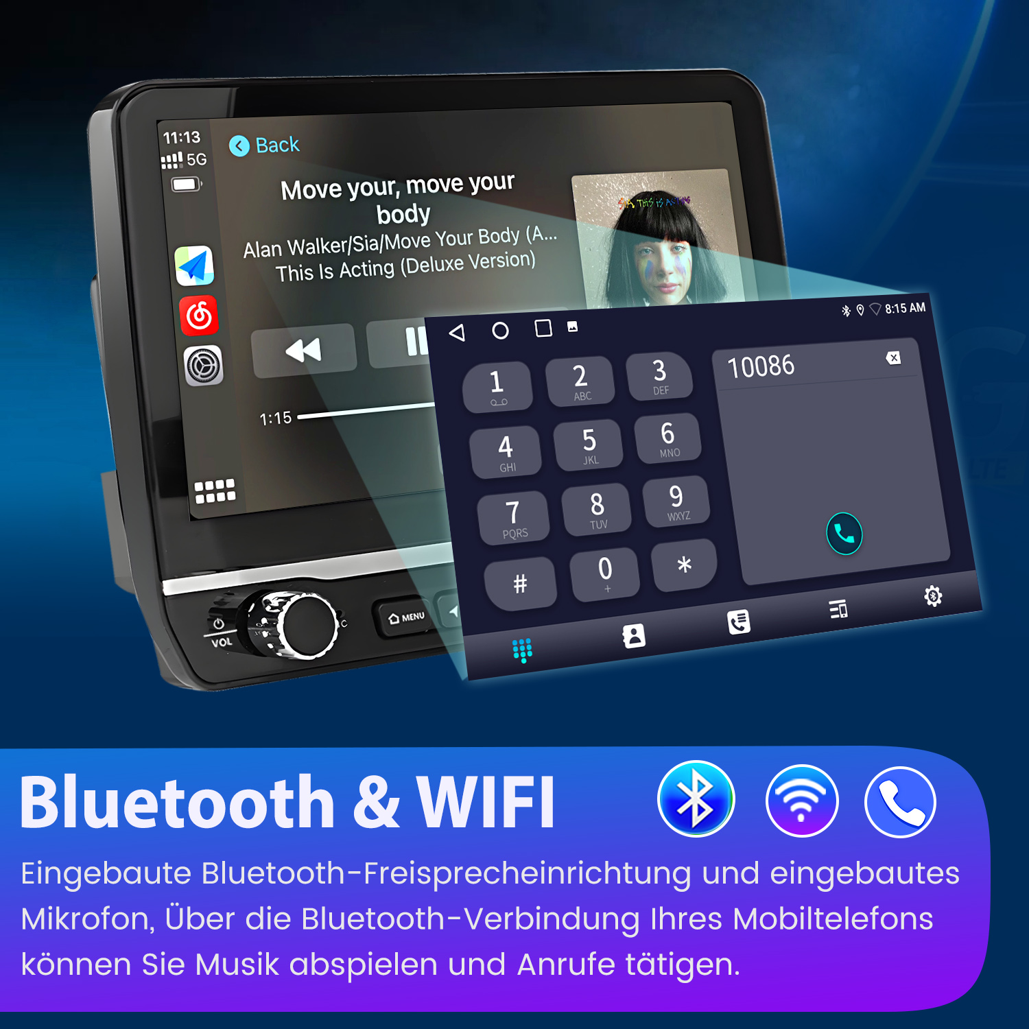 Autoradio-Bildschirm zeigt Musik und eine Telefonwählscheibe. Bluetooth- und WiFi-Symbole sind vorhanden. Text erwähnt Bluetooth und eingebautes Mikrofon.