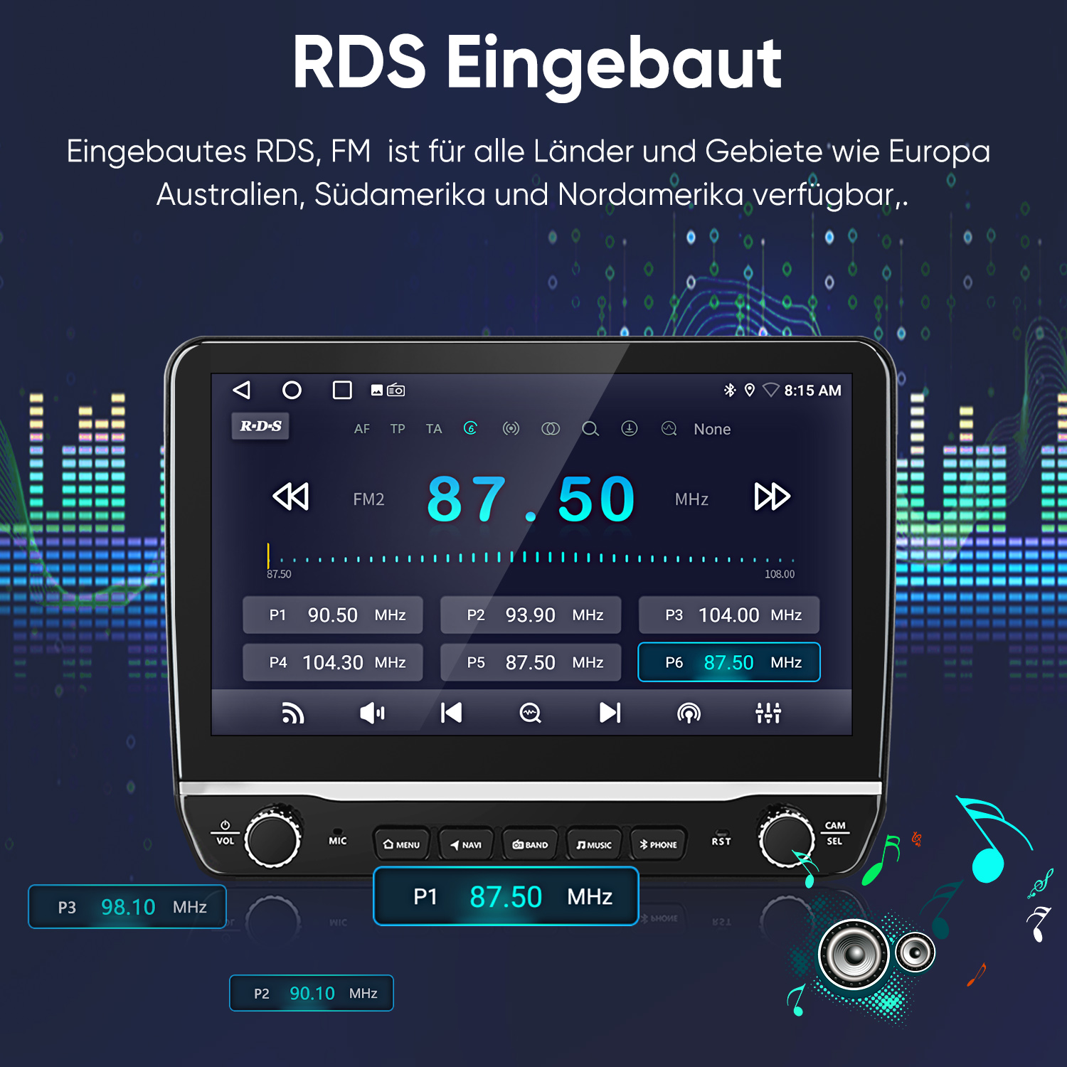 Autoradio-Bildschirm mit FM-Radio-Informationen. Zeigt Frequenz 87,50 MHz mit voreingestellten Sendern. RDS Eingebaut Text sichtbar.