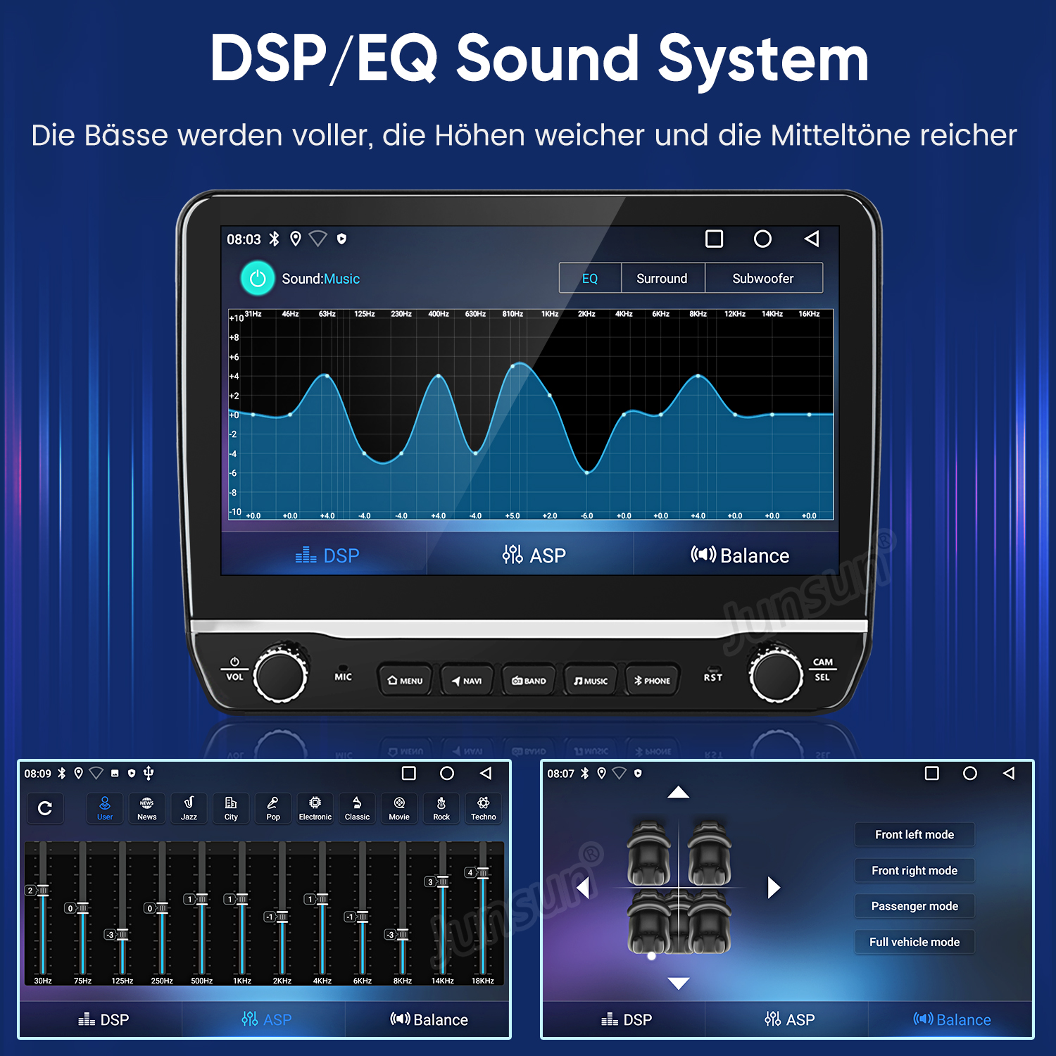 Auto-Audiosystem-Oberfläche. Zeigt Equalizer-Einstellungen, Soundmodi und Balance-Steuerung mit verschiedenen Optionen an.
