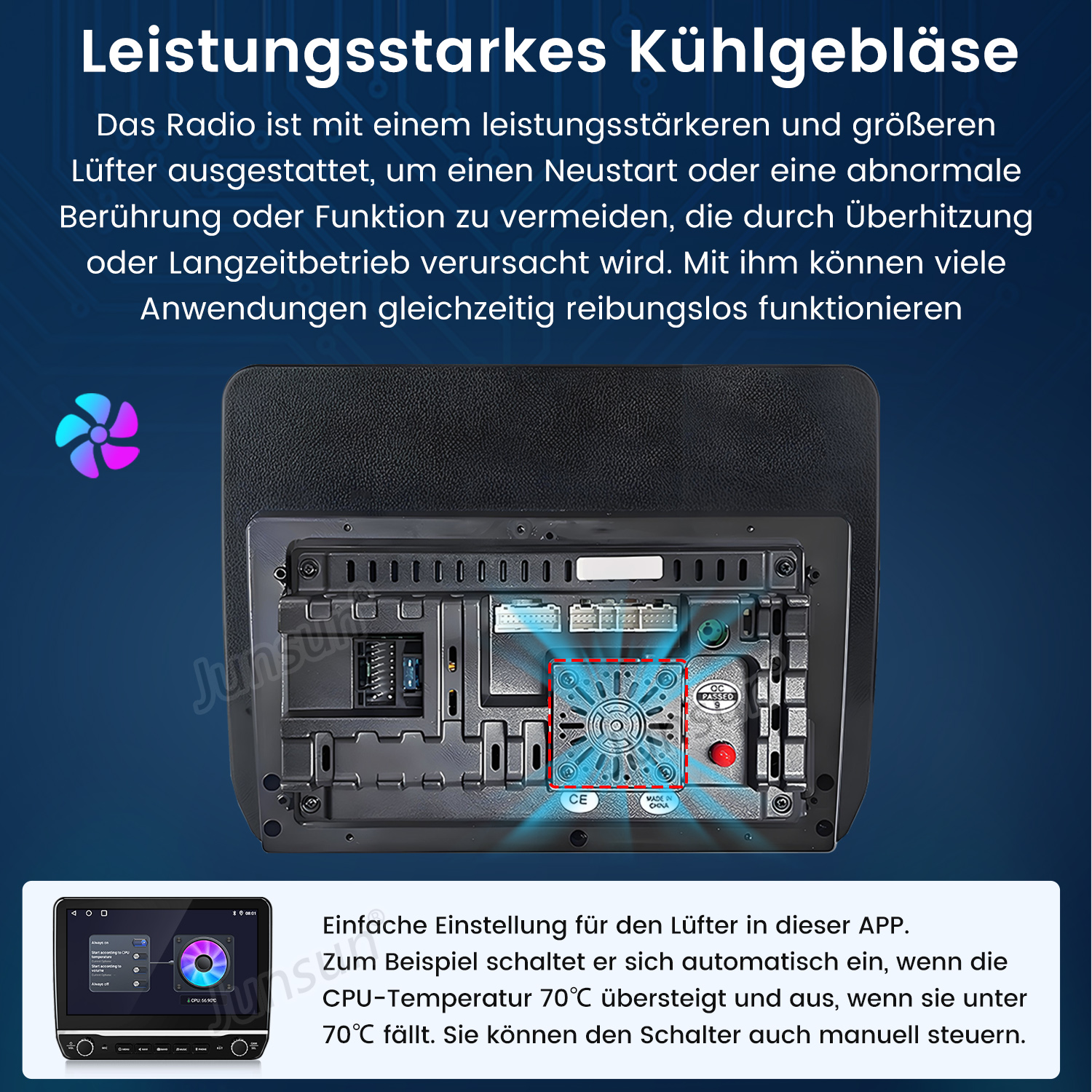 Kfz-Radiokomponente mit Lüfter, CE-Zeichen und roter Taste. Bildschirm zeigt Temperatur. Text auf Deutsch.