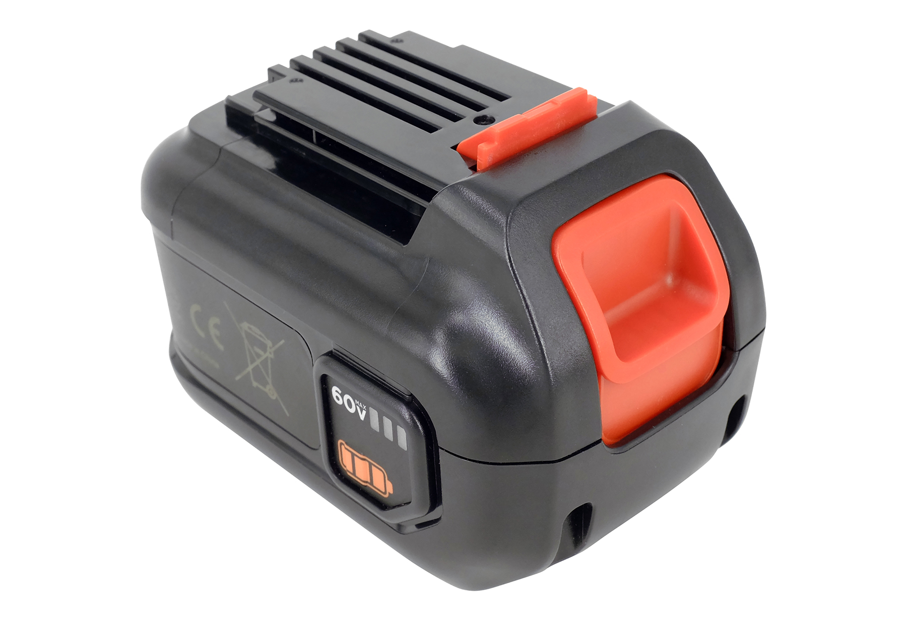 Schwarzer und orangefarbener Werkzeugakku. Er hat eine Entlüftung oben, einen orangefarbenen Entriegelungsknopf und eine Batteriestandsanzeige.