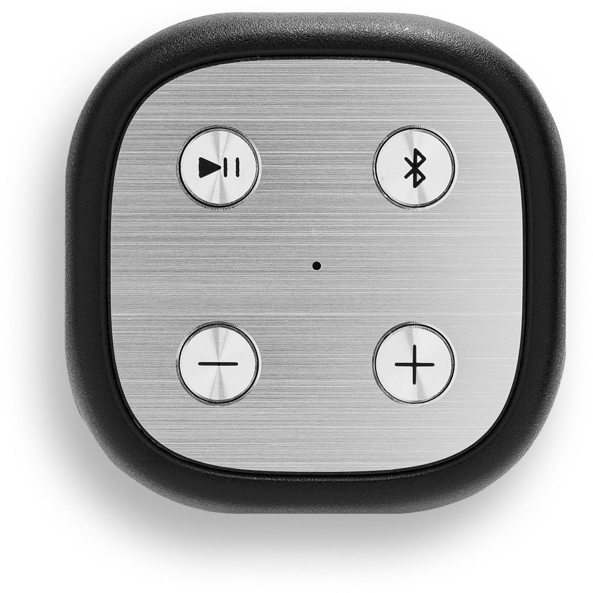 Nahaufnahme eines schwarzen Bedienfelds mit silbernen Knöpfen. Enthält Symbole für Wiedergabe, Bluetooth, Minus und Plus. Der Hintergrund ist weiß.