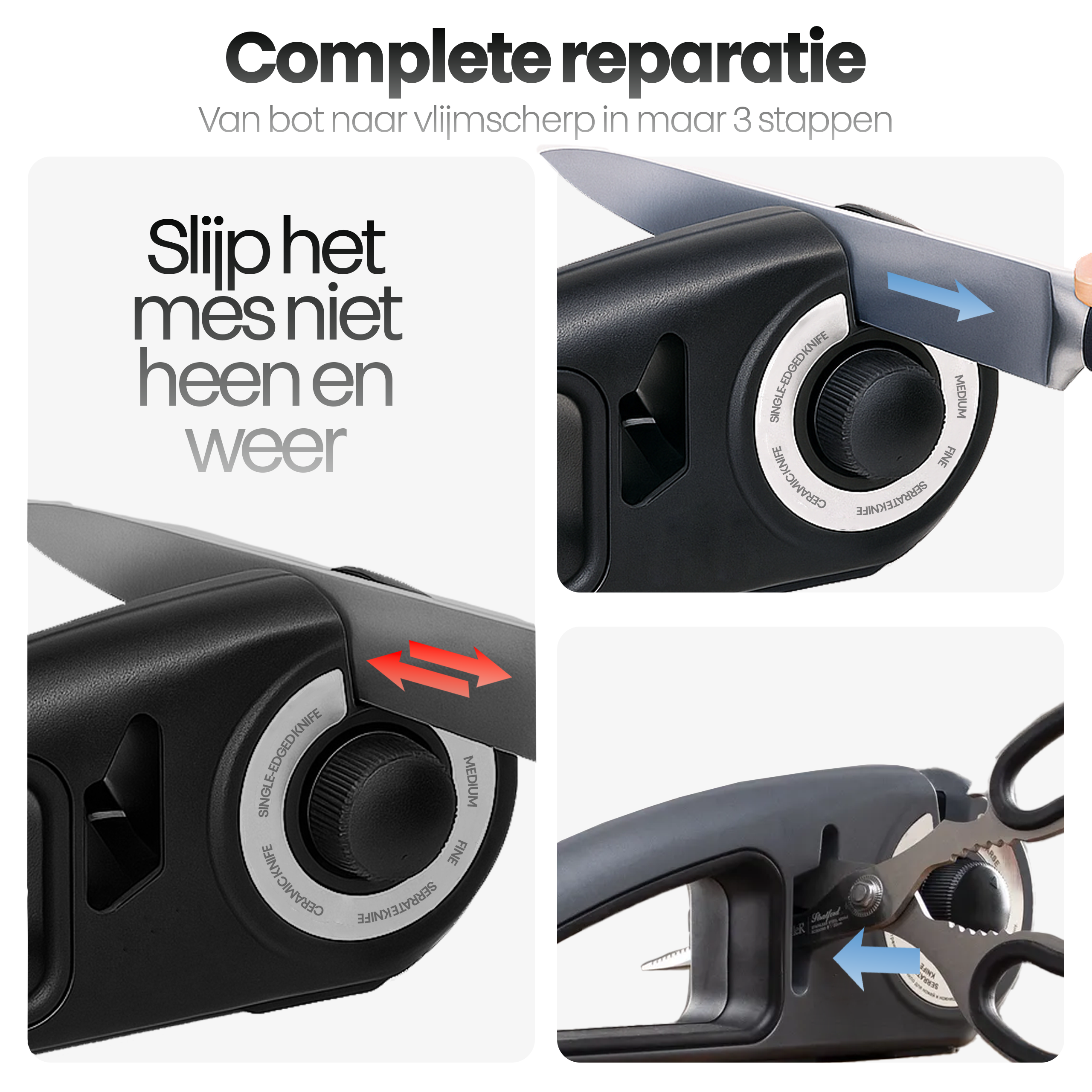 Afbeelding toont een messenslijper met een mes en schaar die worden geslepen. Tekst zegt complete reparatie in 3 stappen.