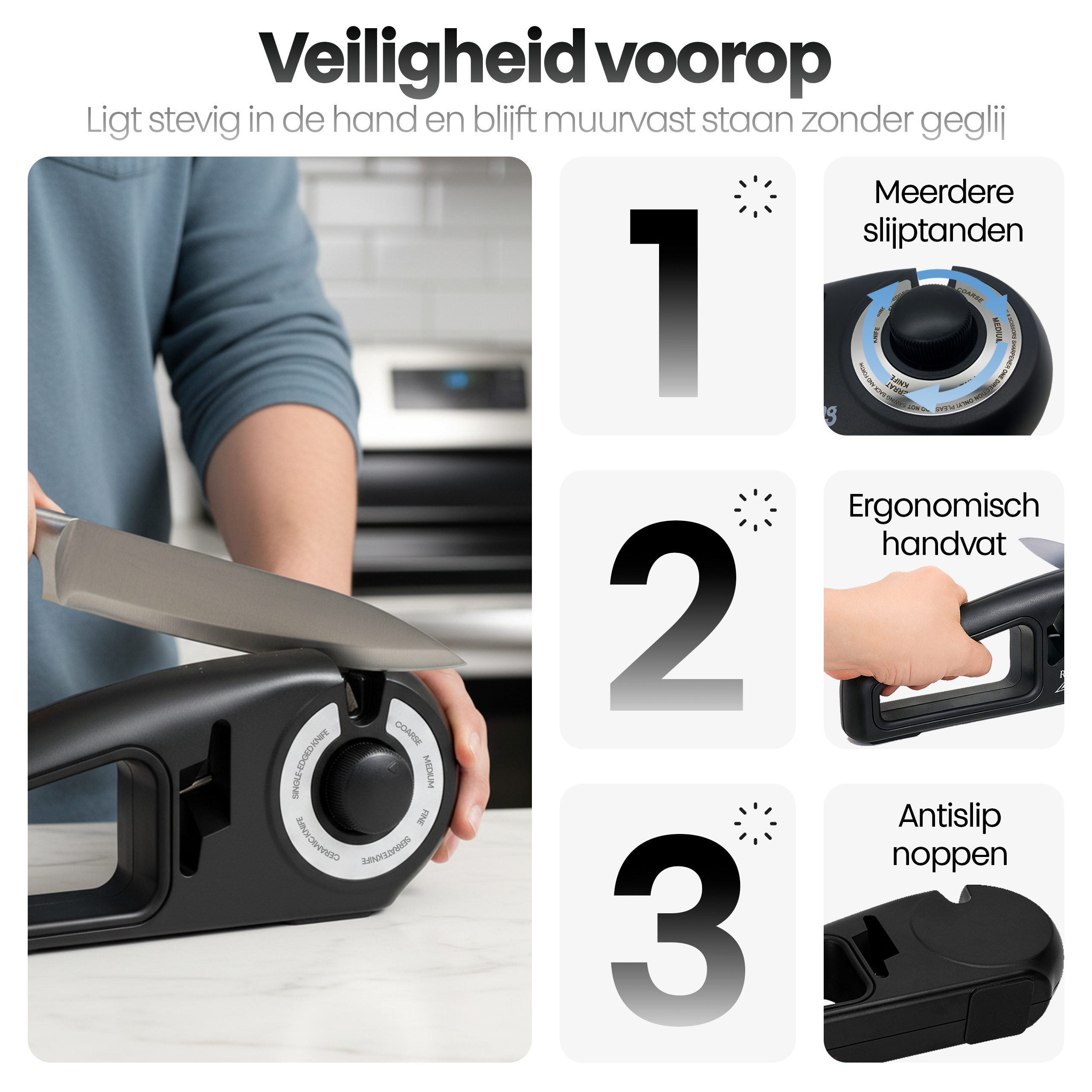 Een messenslijper met een mes dat wordt geslepen. Eigenschappen worden getoond met de nummers 1, 2 en 3.