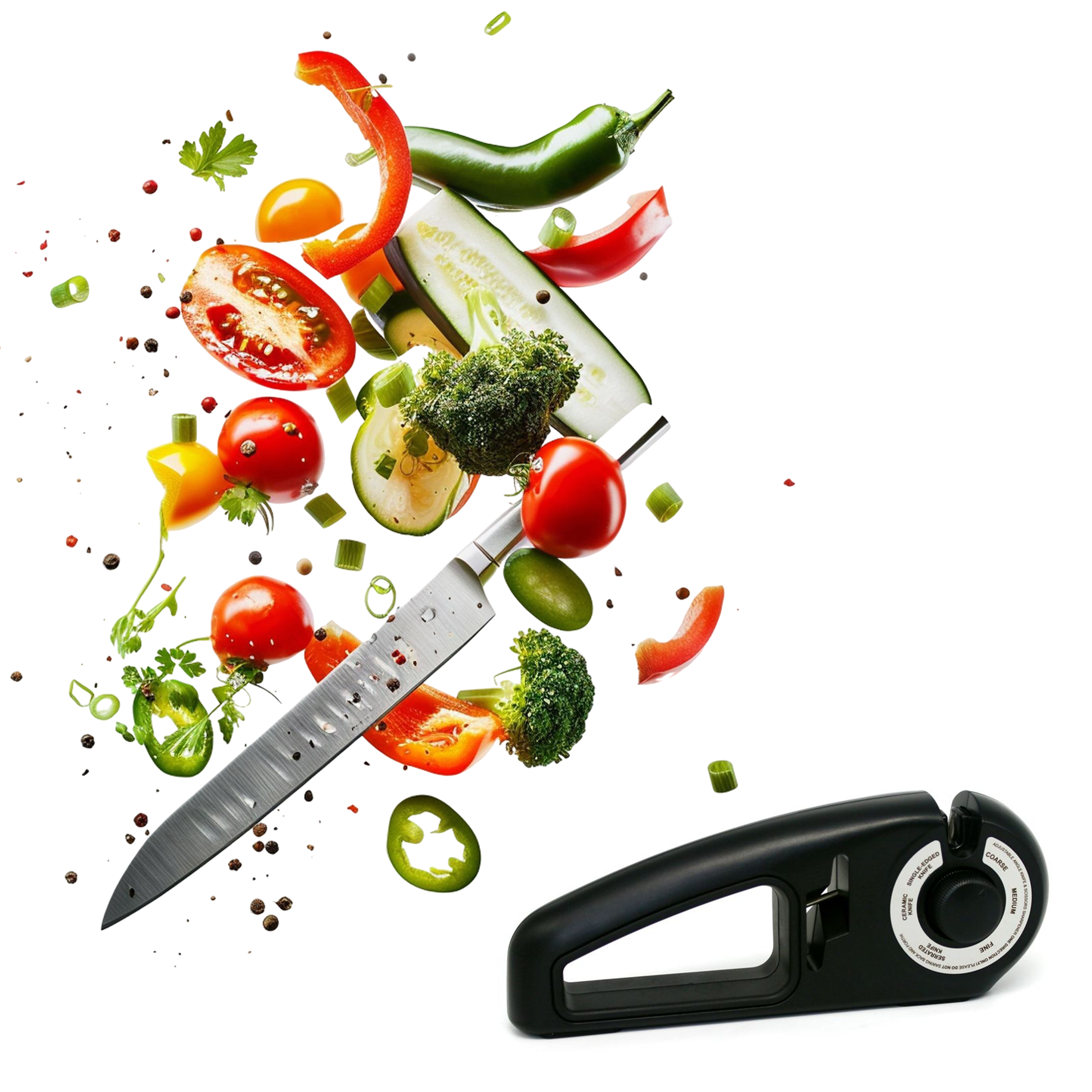 Een mes dat groenten snijdt, met een slijper in de hoek. Groenten zijn onder meer tomaten, paprika's en broccoli.
