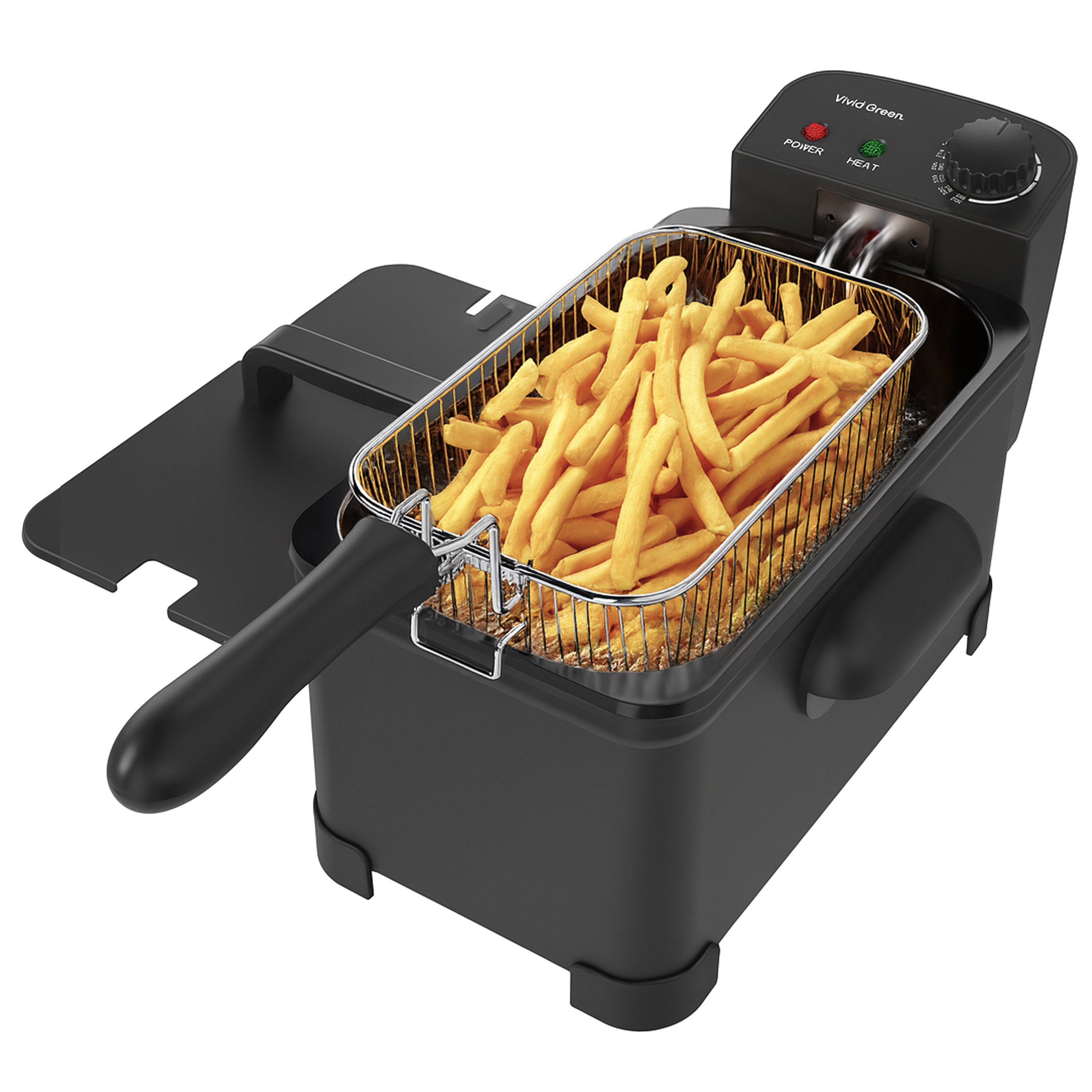 A black deep fryer with a basket full of golden french fries. The fryer is on a white background.
