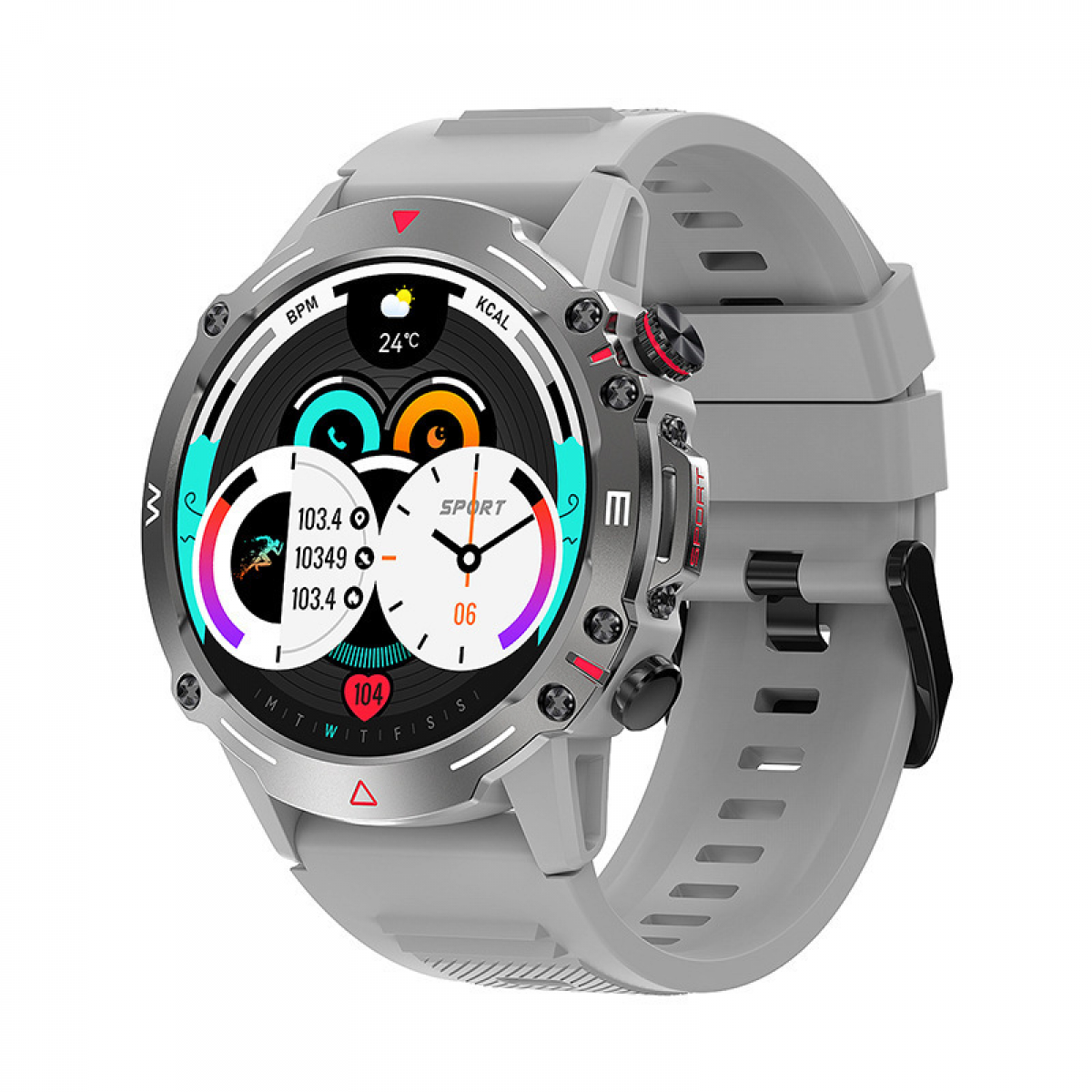 Eine graue Smartwatch mit kreisförmigem Display, das Fitnessdaten anzeigt. Sie hat ein graues Armband und mehrere Knöpfe. Der Bildschirm zeigt Daten und Uhrzeit an.