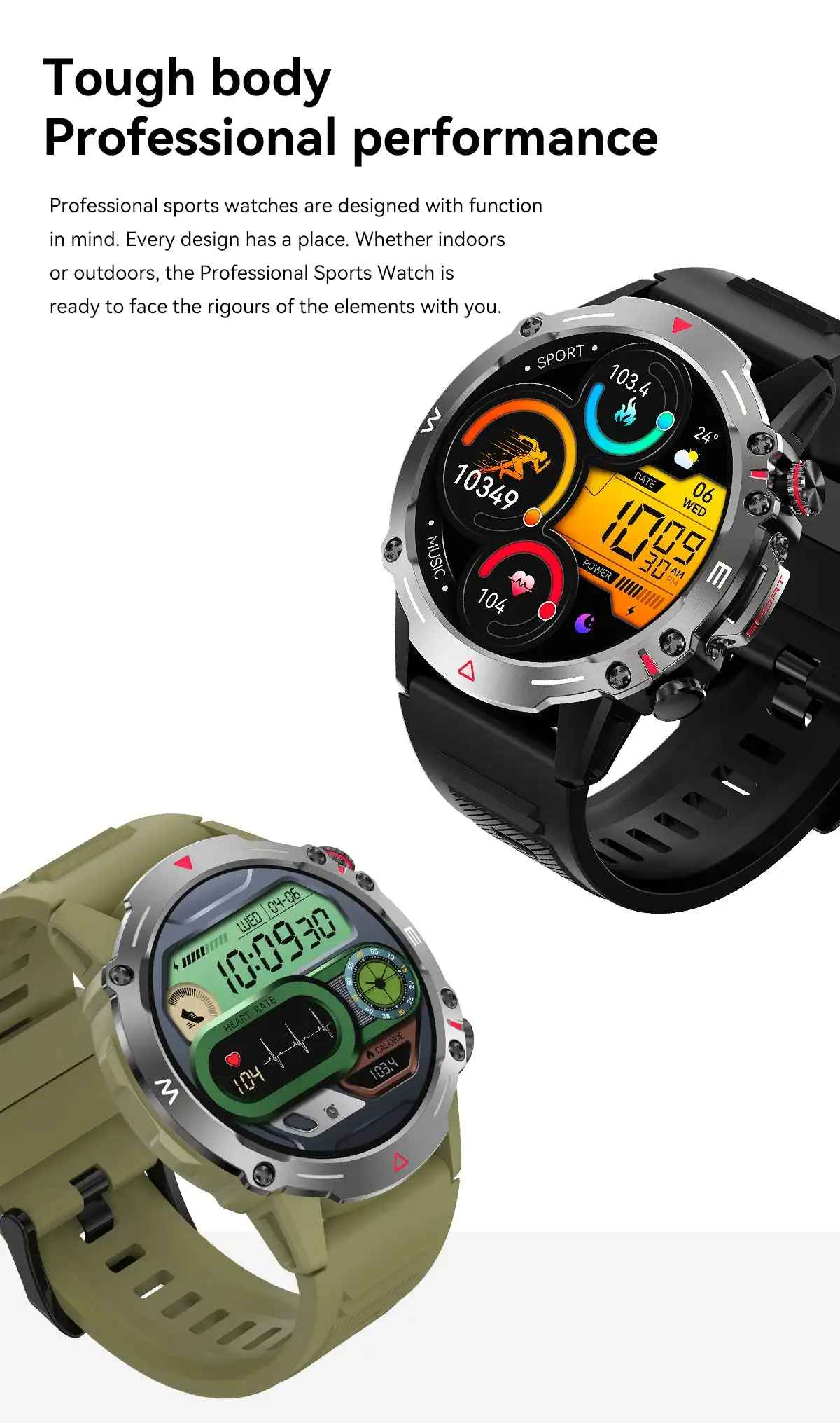 Zwei Smartwatches: eine schwarze, eine grüne. Anzeigen zeigen Daten wie Uhrzeit, Herzfrequenz und Schritte. Oben steht: Robuster Körper Professionelle Leistung.