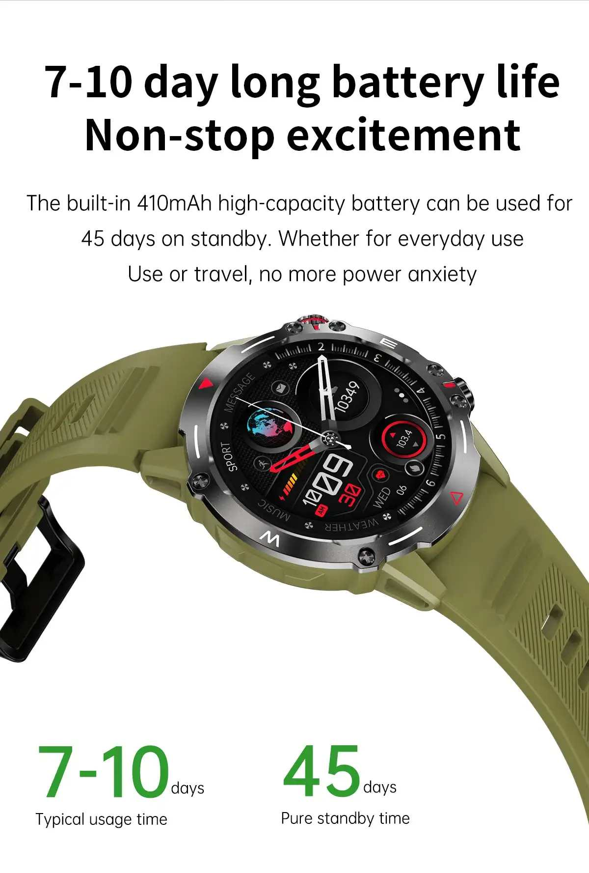 Eine grüne Smartwatch zeigt Zeit und Daten an. Text erwähnt Akkulaufzeit und Standby-Zeit: 7-10 Tage und 45 Tage.