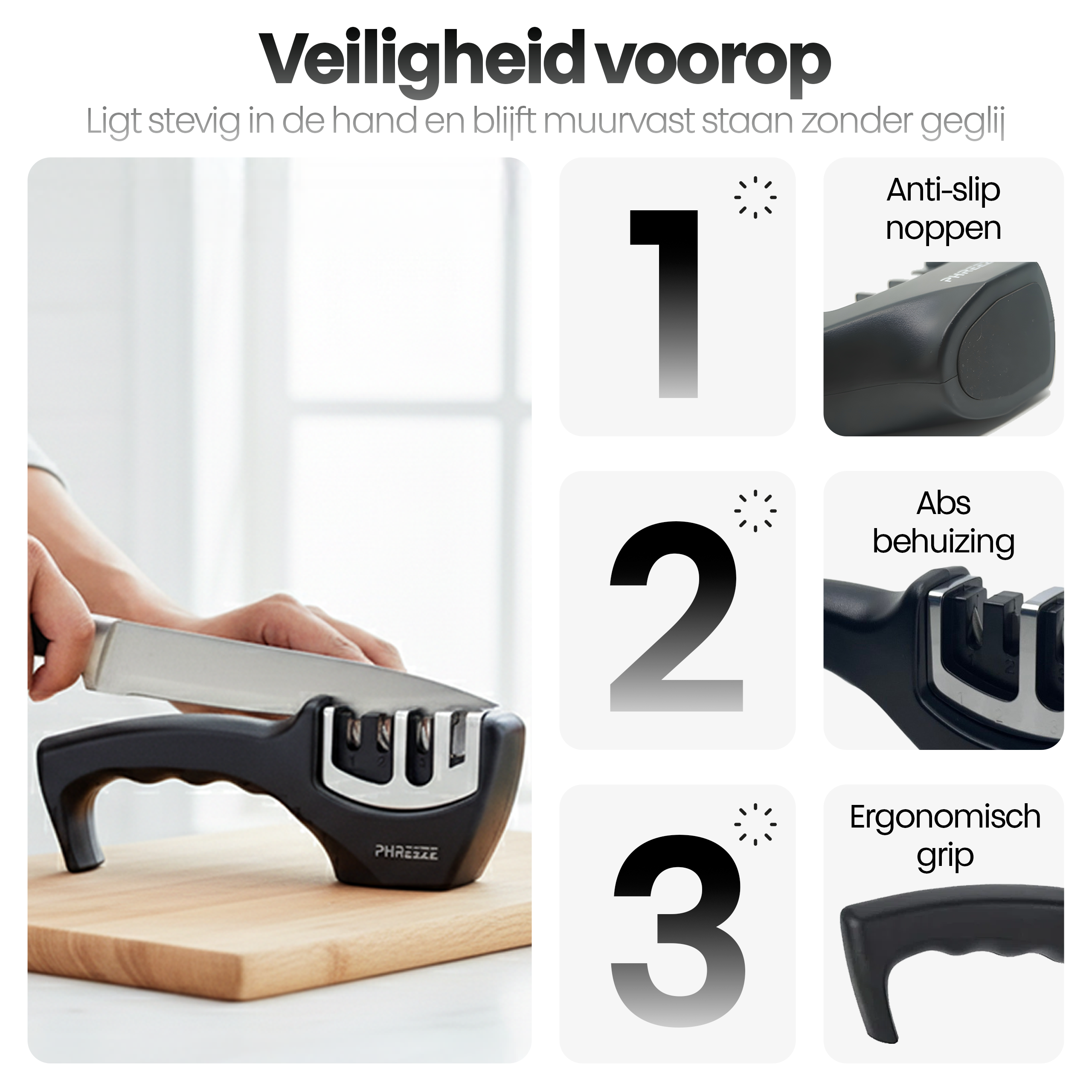 Een messenslijper met een mes dat wordt geslepen. Kenmerken zijn antislip, ABS-behuizing en ergonomische grip.