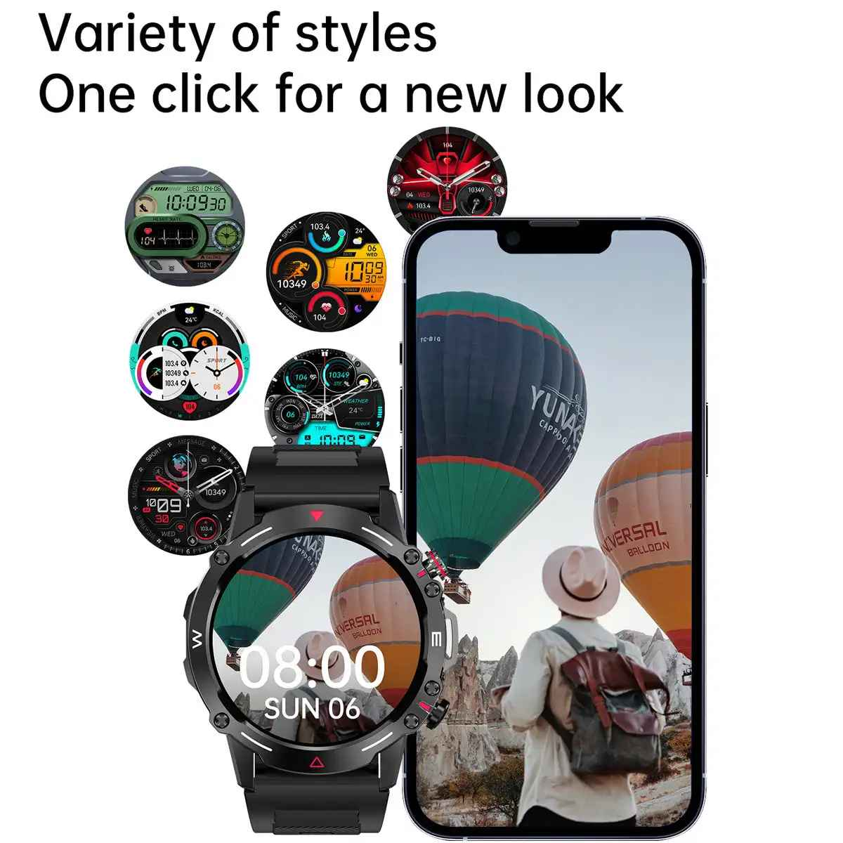 Smartwatch mit verschiedenen Zifferblättern und einem Telefon mit Heißluftballons. Text: Vielfalt an Stilen, ein Klick für einen neuen Look.