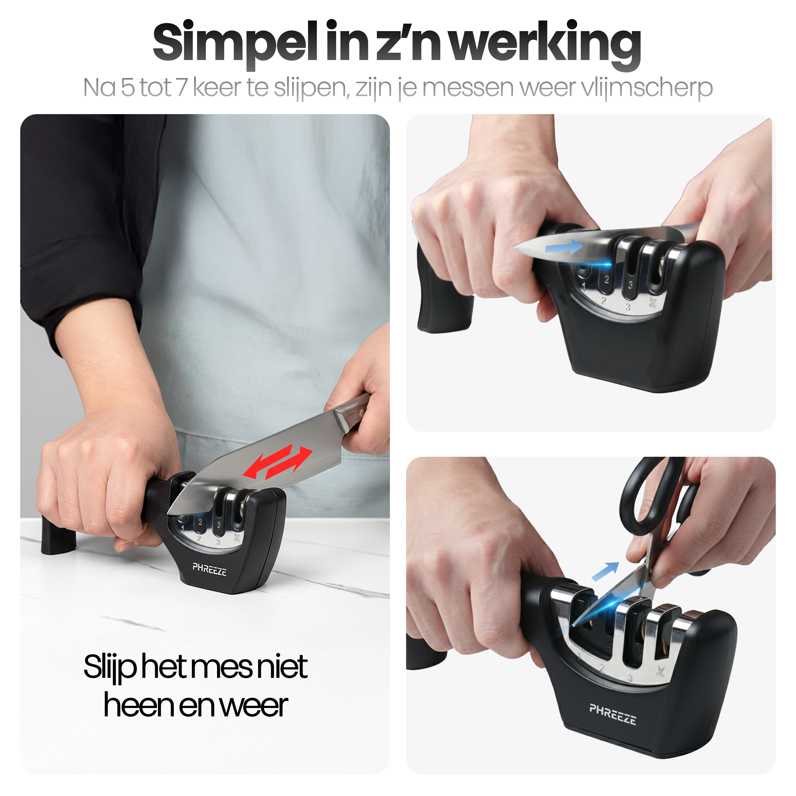 Afbeelding toont een messen- en schaarslijper. Handen demonstreren hoe te slijpen. Instructies zijn inbegrepen.