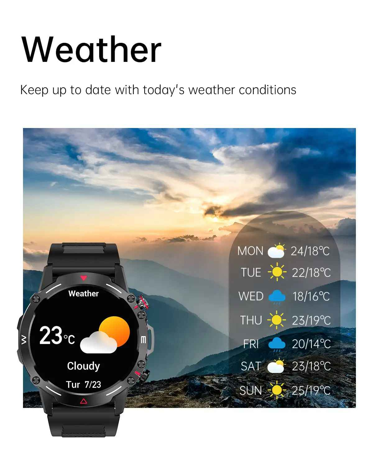 Eine Smartwatch zeigt Wetterdaten an: Temperatur, bewölkte Bedingungen und eine Wochenprognose vor Berg- und Himmelskulisse.