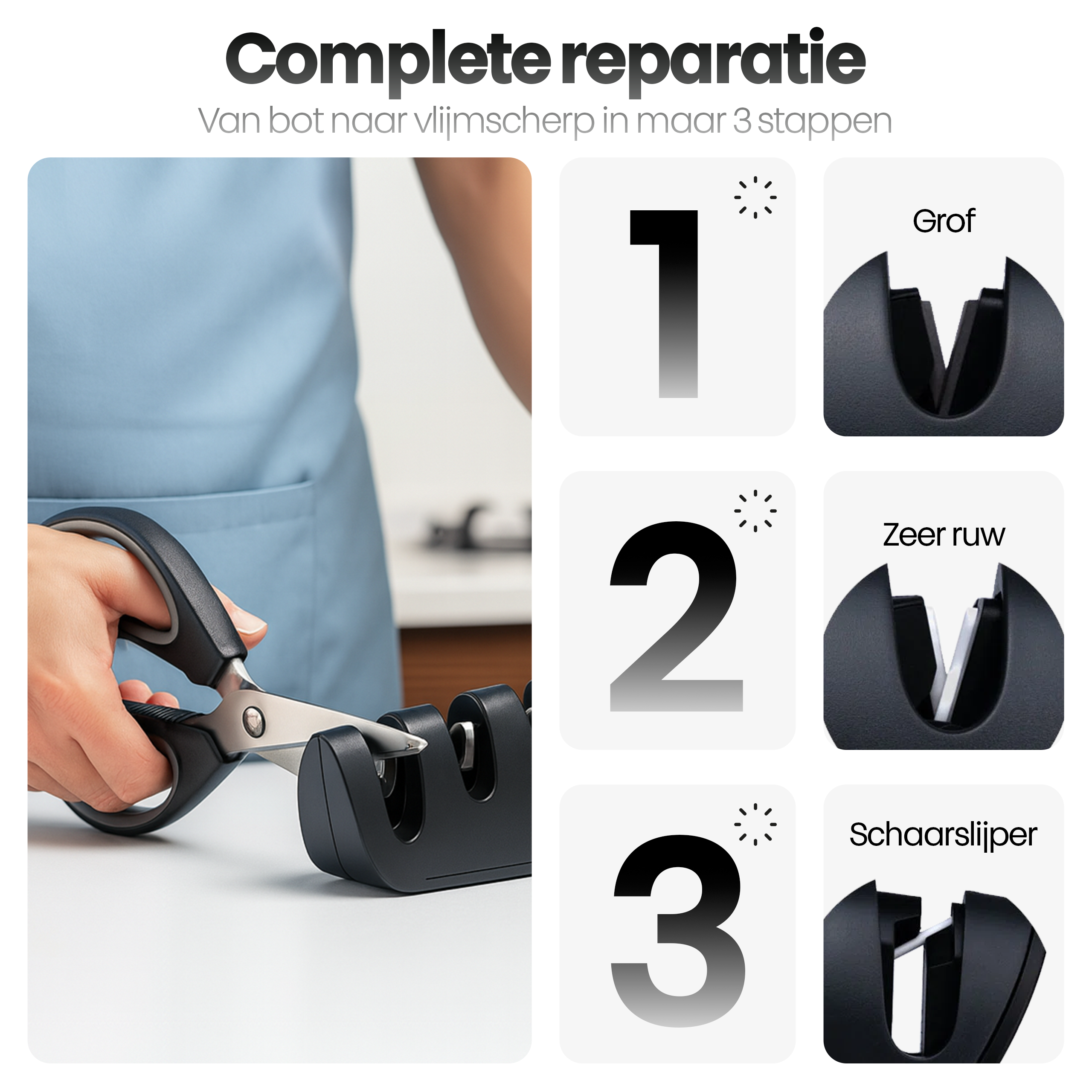 Een persoon slijpt een schaar met een zwart gereedschap. De afbeelding toont het proces in drie stappen met tekstlabels.