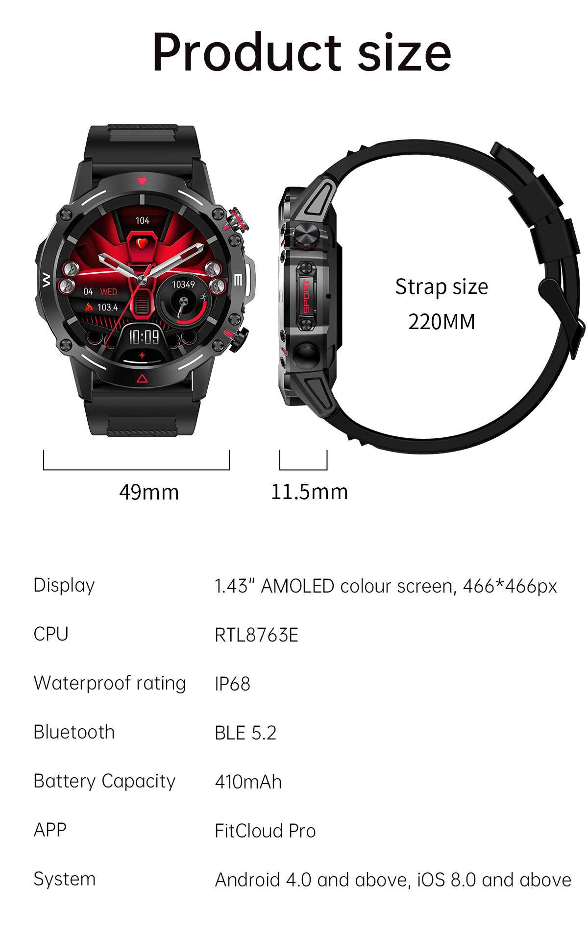 Schwarze Smartwatch mit roten Akzenten, die Zeit und Statistiken anzeigt. Zeigt Größe, Armband und technische Daten, einschließlich Bildschirm und CPU.