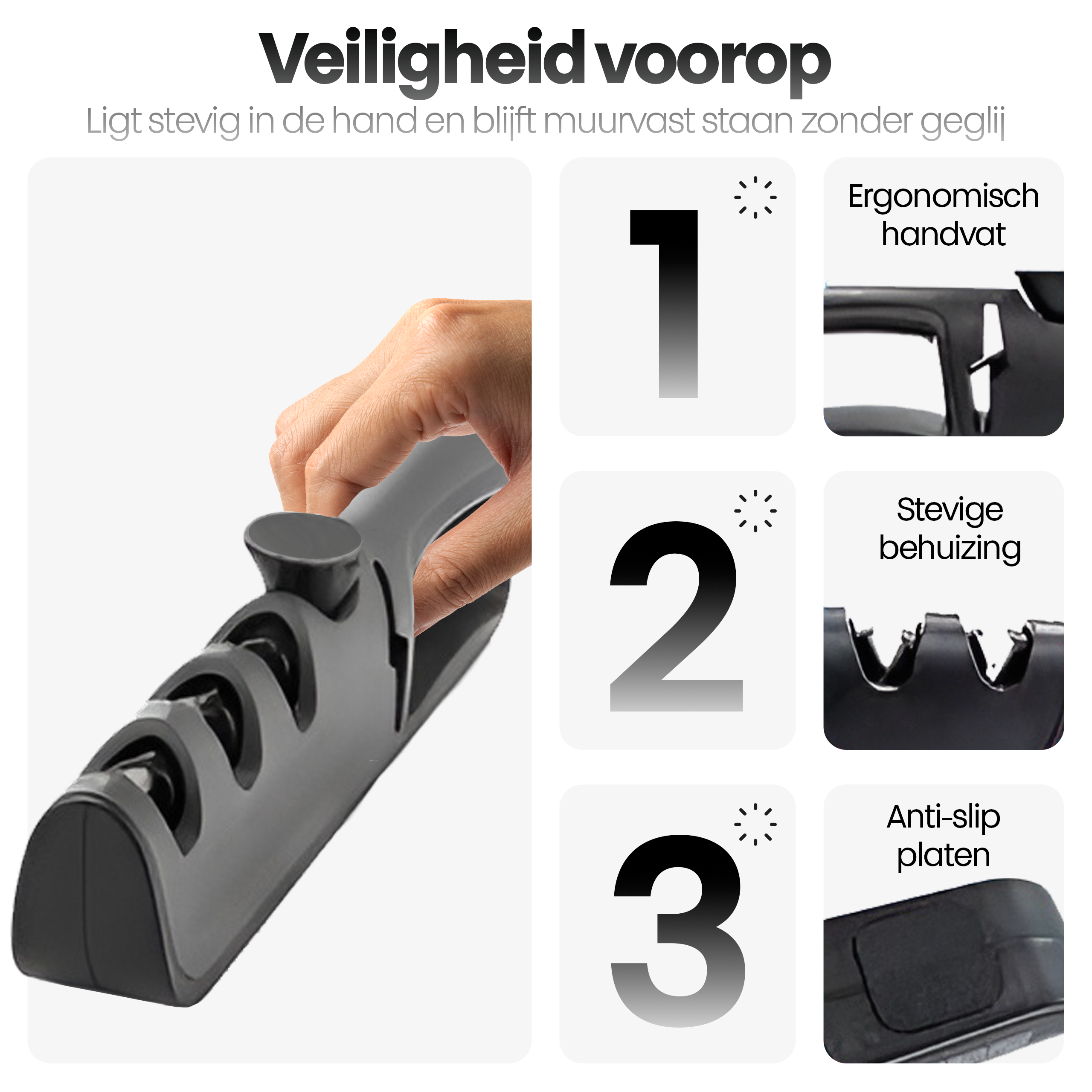 Een hand die een grijze messenslijper vasthoudt. Kenmerken: ergonomische handgreep, stevige behuizing en antislip platen.