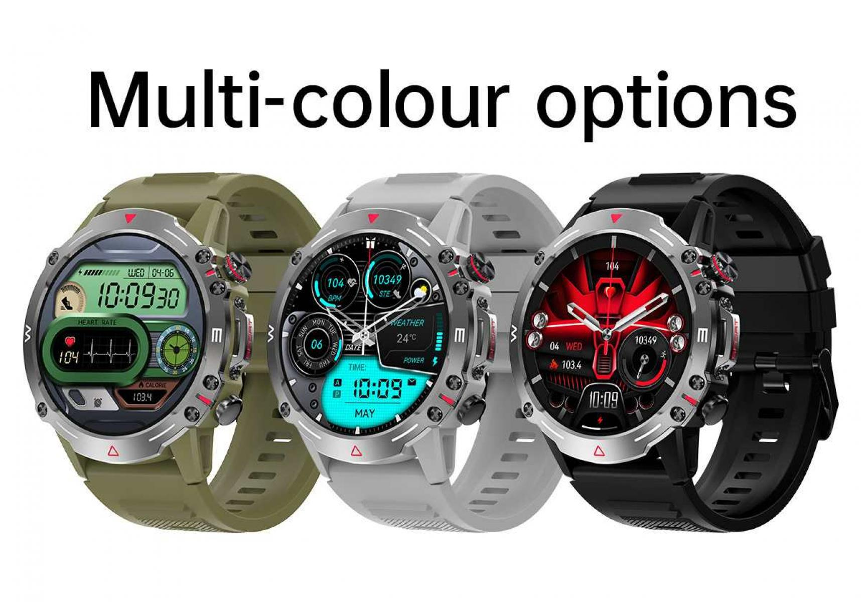 Drei Smartwatches, grün, grau und schwarz, zeigen Zeit und Gesundheitsmetriken an. Der Text 'Multi-colour options' steht oben.