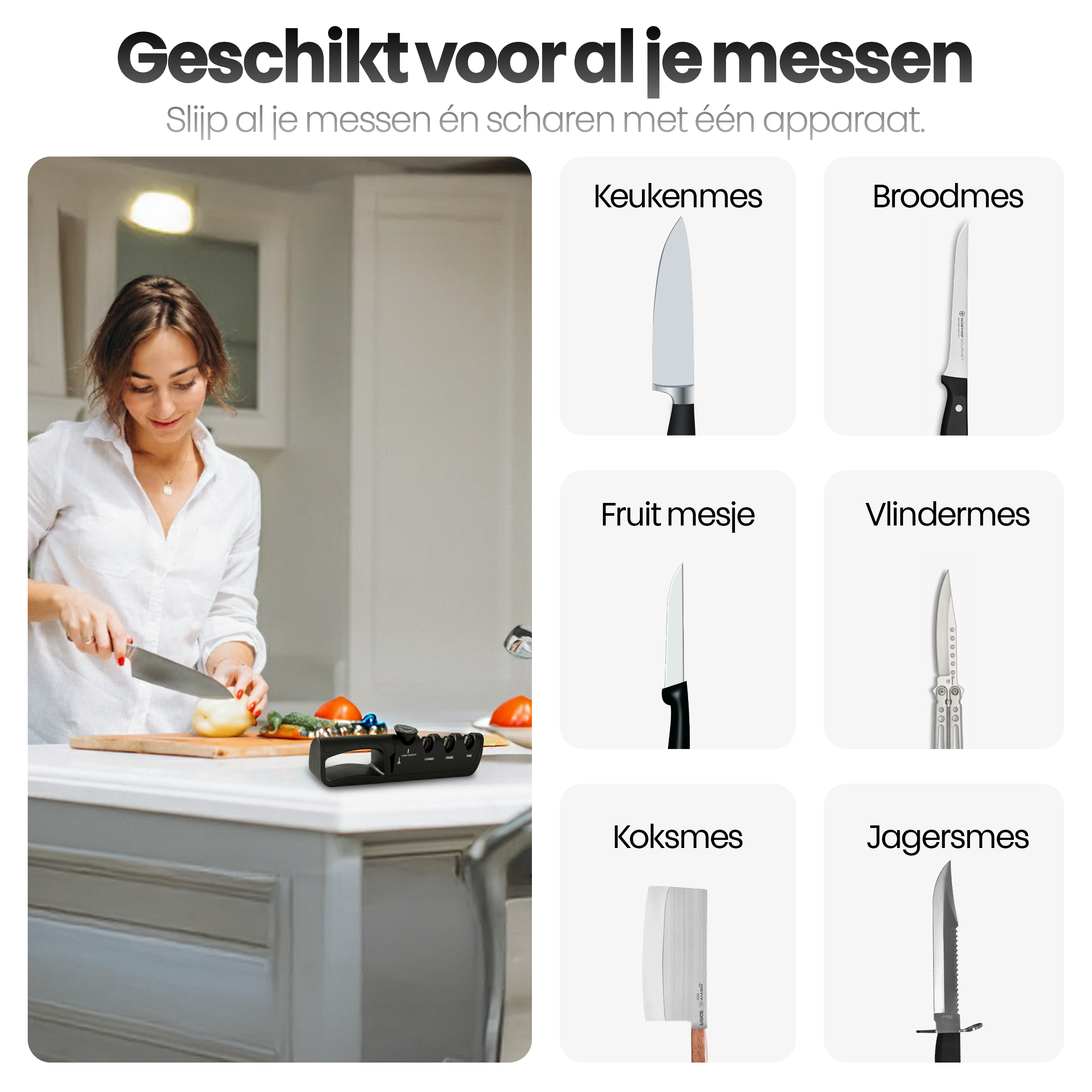 Een vrouw snijdt ui. Messen en namen worden getoond. Een messenslijper op de voorgrond.