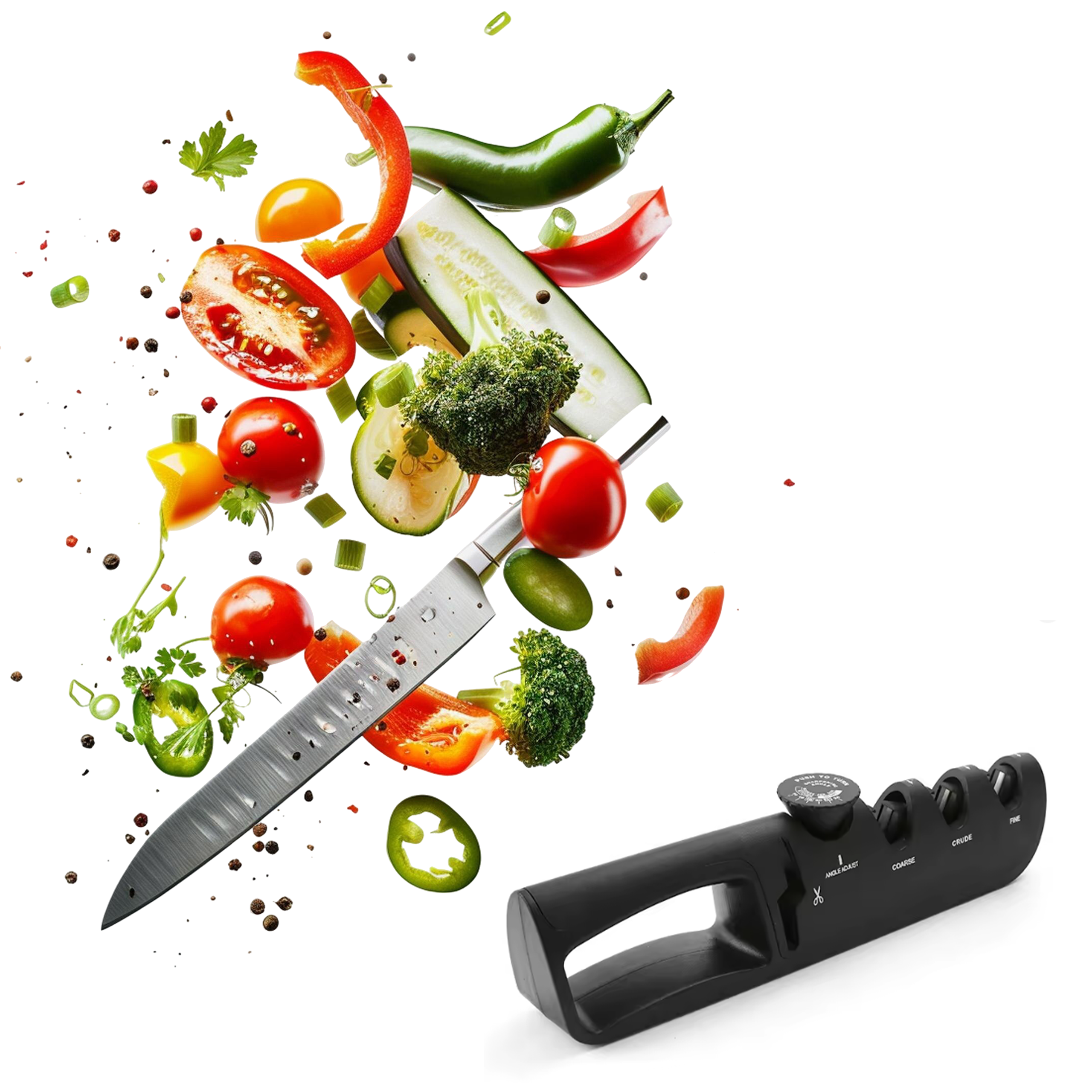 Een mes met vliegende groenten en een messenslijper. Groenten zijn tomaten, paprika's, broccoli en komkommers.