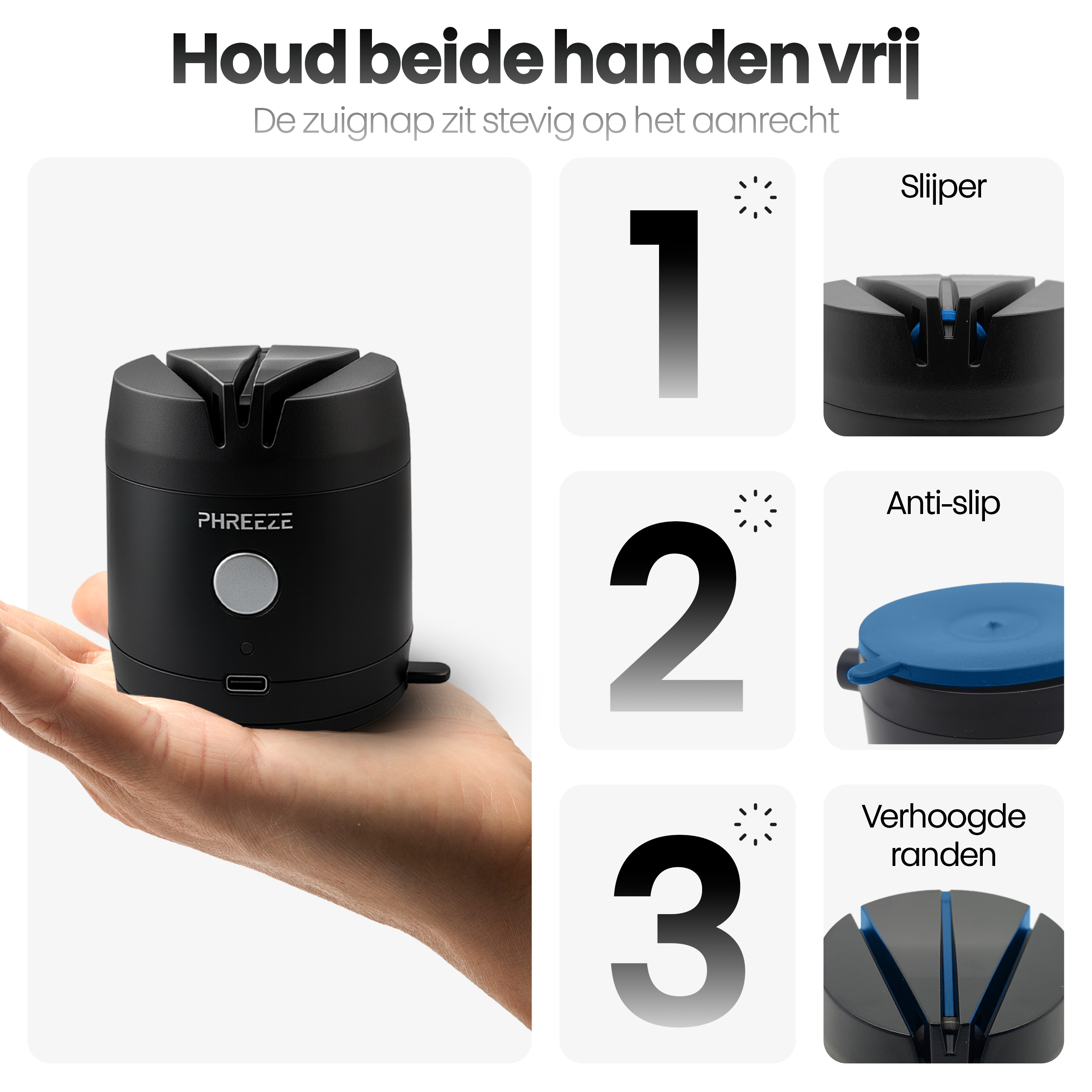 Een hand houdt een zwarte messenslijper vast. Details: nummers, tekst en close-ups van functies.