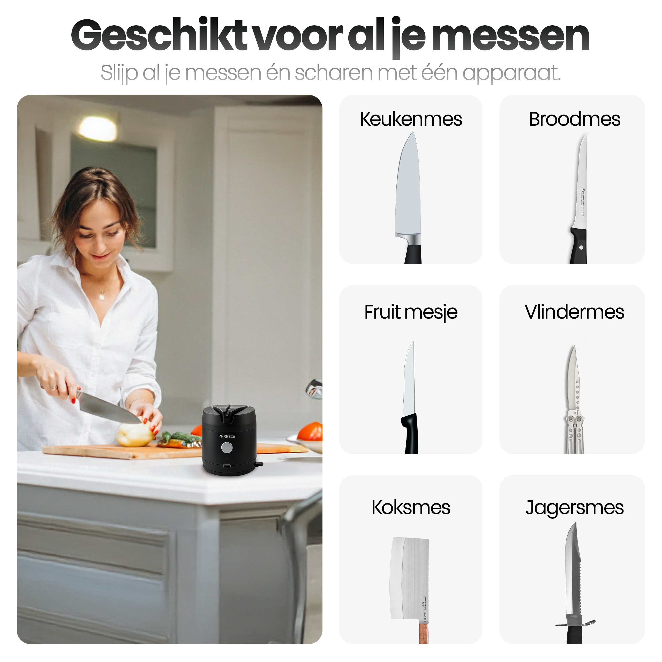 Een vrouw snijdt een ui op een houten plank. Er worden zes messen getoond, samen met een messenslijper.
