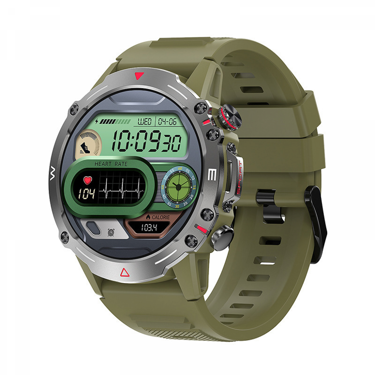 Eine grüne Smartwatch zeigt Zeit, Herzfrequenz und Kalorien an. Die Uhr hat ein digitales Display und ein olivgrünes Armband.