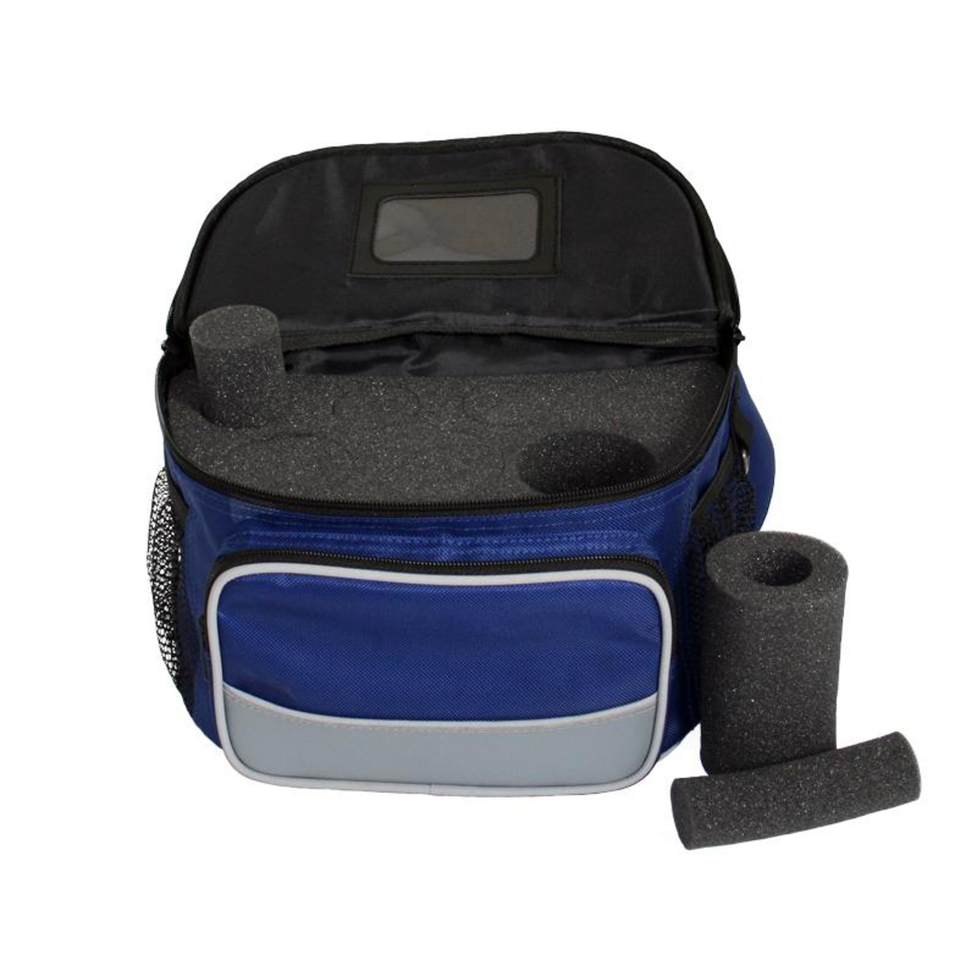 Blaue Tasche mit offenem Deckel, schwarzem Schaumstoff innen und außen. Grauer Streifen unten. Schaumstoffrollen.
