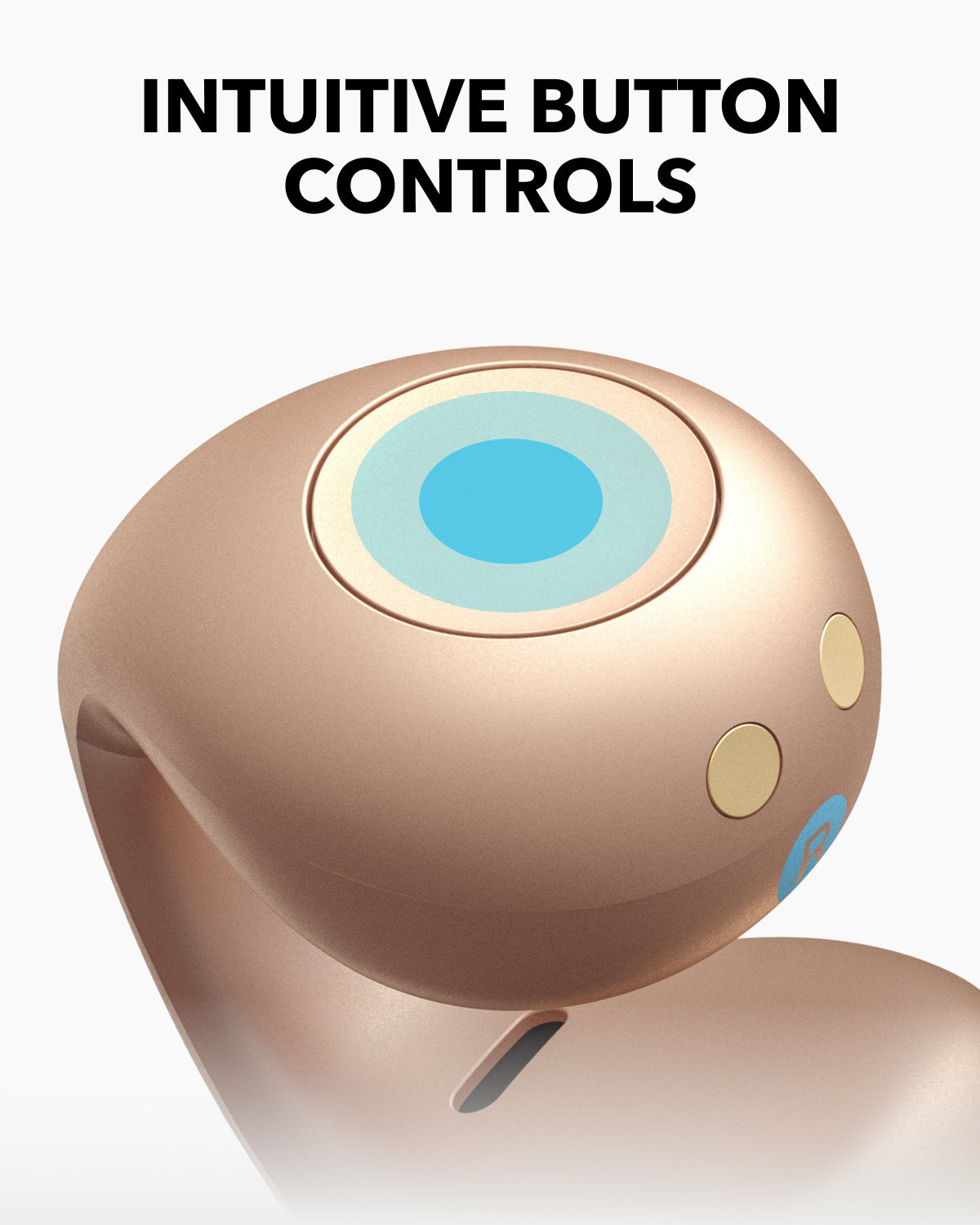 Primer plano de un dispositivo dorado con botones azules y dorados. El texto superior dice 'INTUITIVE BUTTON CONTROLS'.