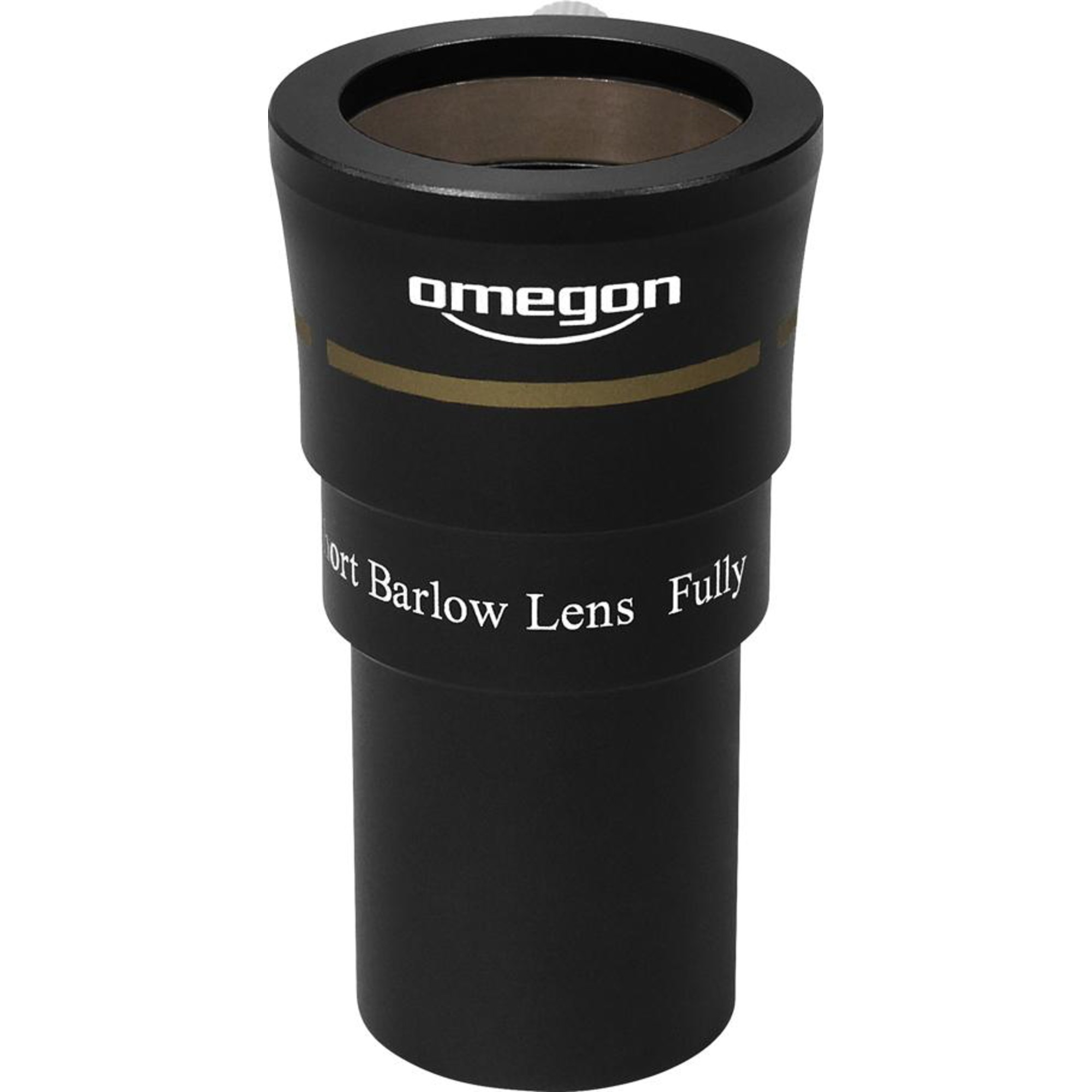 Ein schwarzes Omegon Barlow-Objektiv mit weißem Text auf weißem Hintergrund. Das Objektiv hat ein goldenes Band.