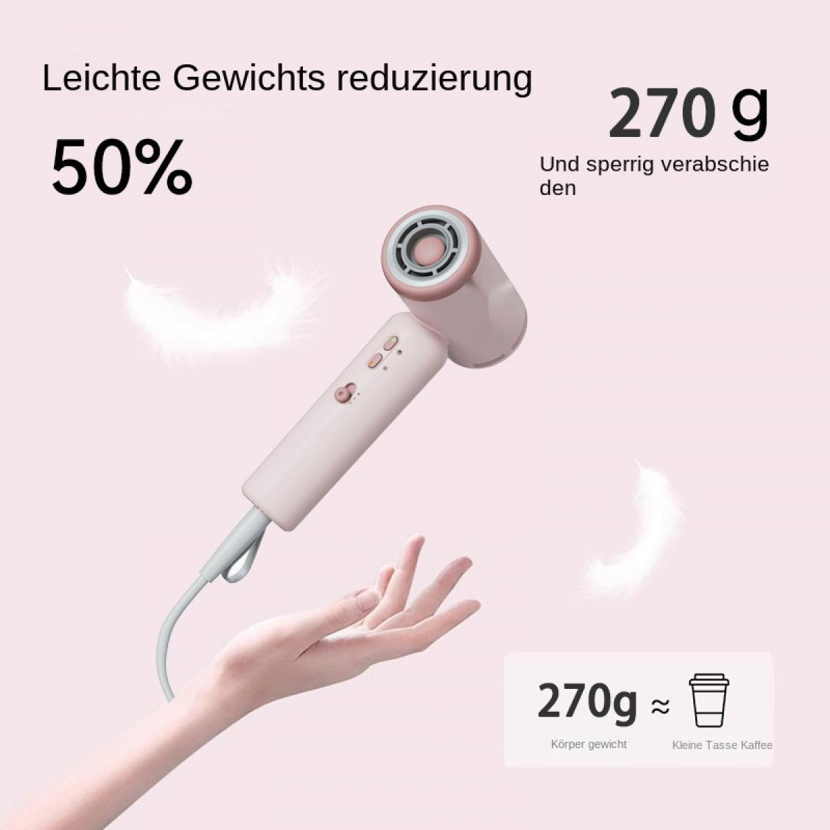 Eine Hand hält einen rosa Haartrockner. Text: 50 %, 270 g und 'Leichte Gewichtsreduzierung'. Ein kleines Kaffeetassen-Symbol.