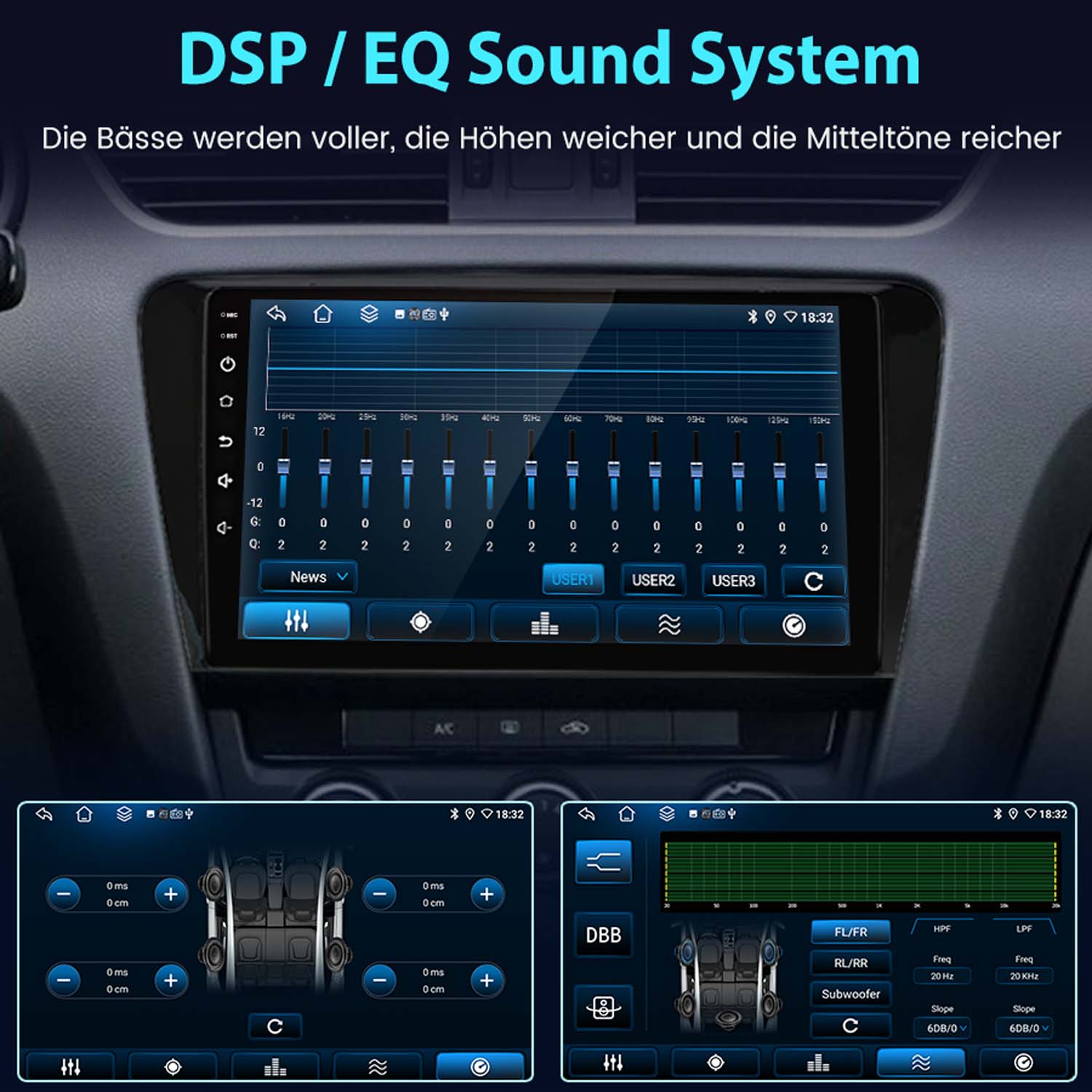 Car-Audio-System-Oberfläche, die EQ-Einstellungen, Lautsprecheranordnung und Subwoofer-Steuerung anzeigt. Blaue Oberfläche auf schwarzem Hintergrund.
