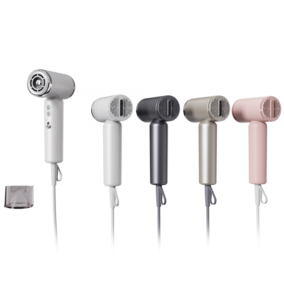 Fünf Haartrockner in Weiß, Weiß, Grau, Gold und Rosa werden gezeigt. Jeder hat einen Griff und ein Kabel. Links ist eine transparente Düse.