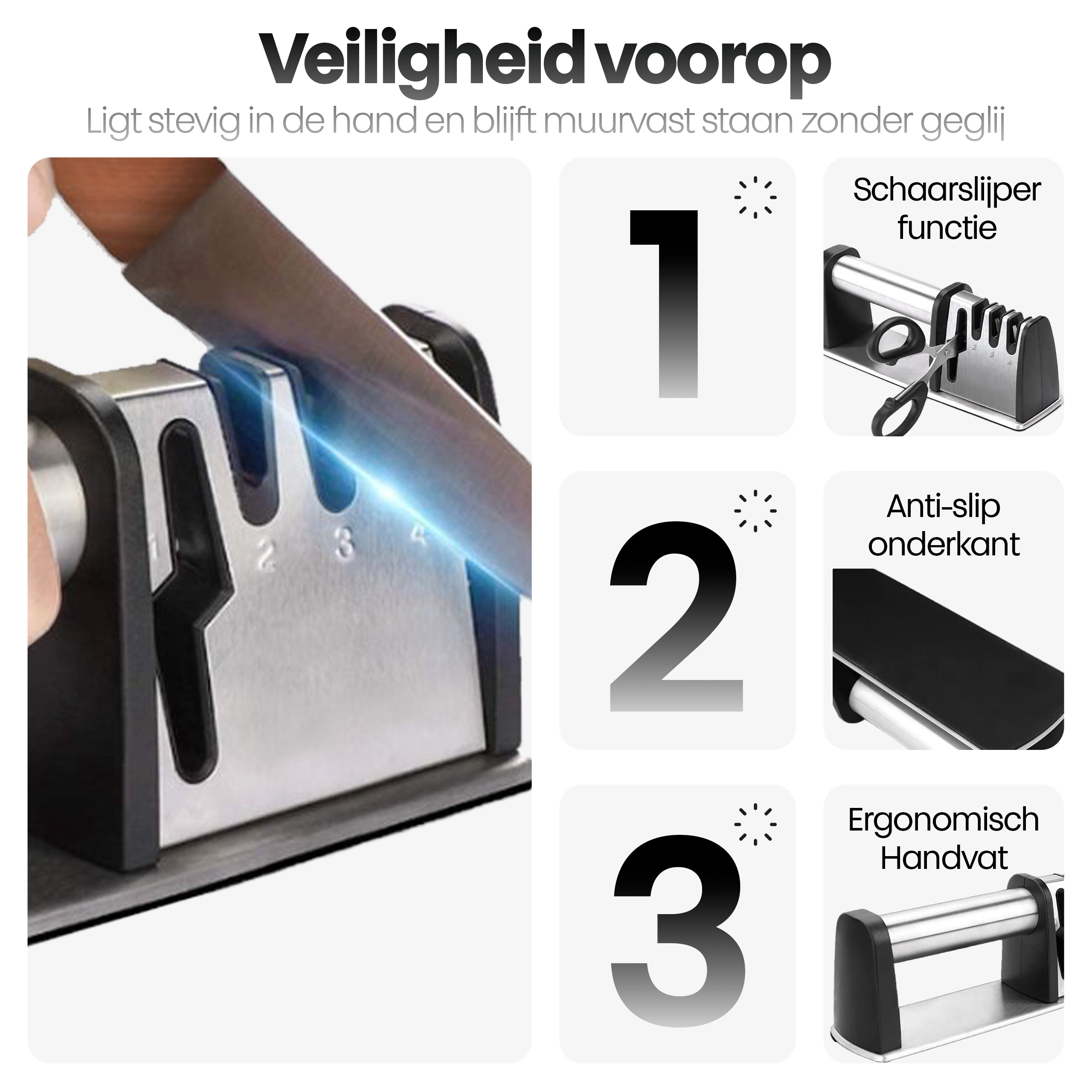 Een messenslijper. Toont schaarfunctie, antislip onderkant en ergonomische handgreep. De nummers 1, 2 en 3 zijn zichtbaar.