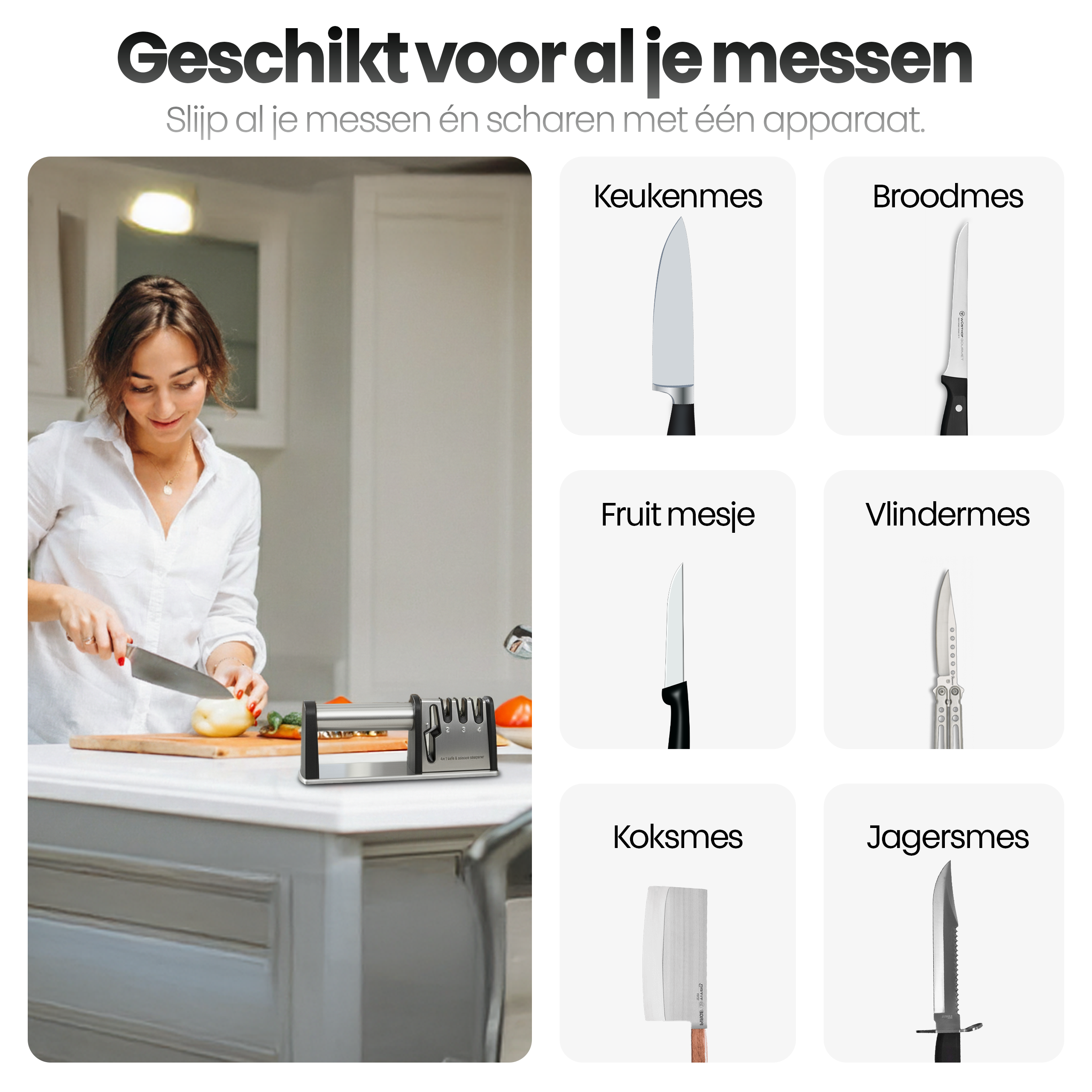 Vrouw in wit overhemd snijdt ui op houten plank. Verschillende messen worden weergegeven met tekstlabels.