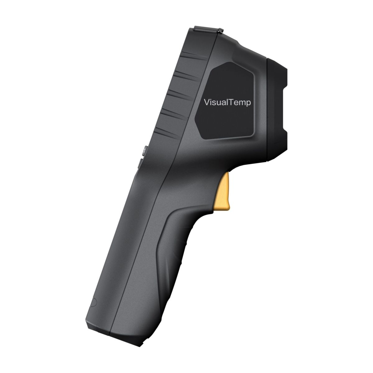 Ein schwarzes VisualTemp Infrarotthermometer mit gelbem Auslöser, isoliert auf weißem Hintergrund. Es hat einen pistolenartigen Griff.