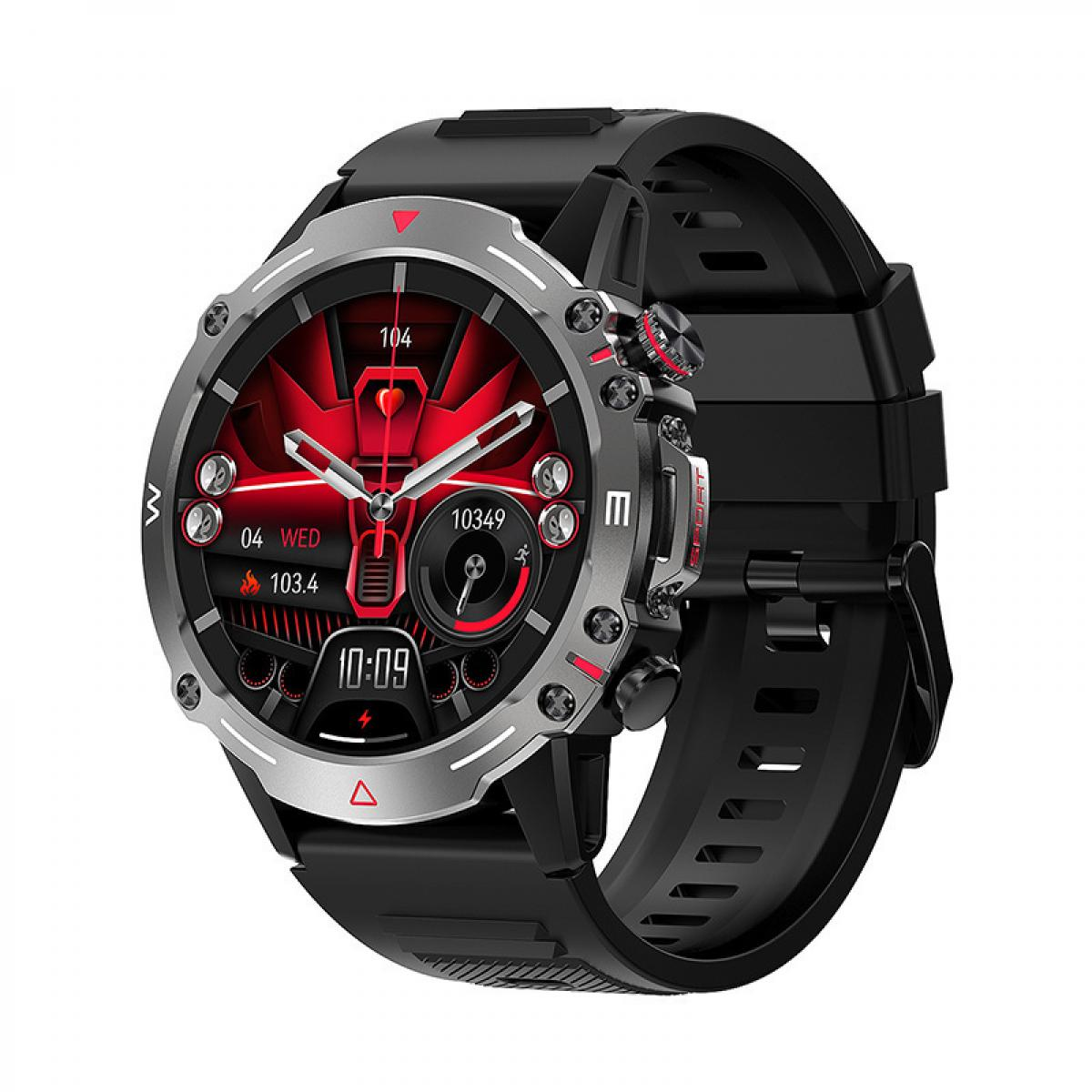Eine moderne Smartwatch mit schwarzem Armband, rotem und schwarzem Zifferblatt und silberner Lünette. Die Uhr zeigt Zeit- und Gesundheitsdaten an.