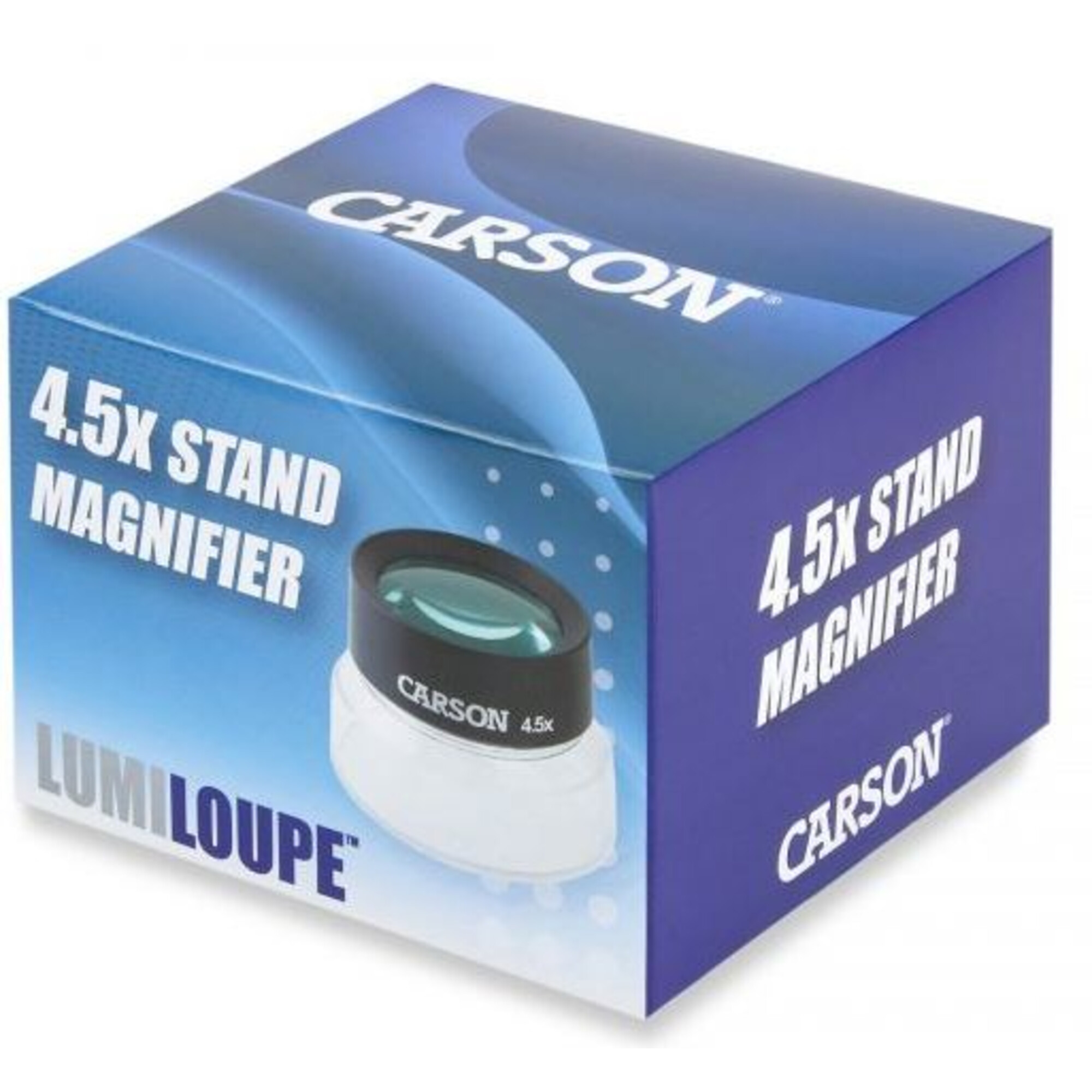 Eine Schachtel für eine Carson 4,5x Standlupe. Die Schachtel ist blau mit weißem Text. Eine Lupe ist abgebildet.