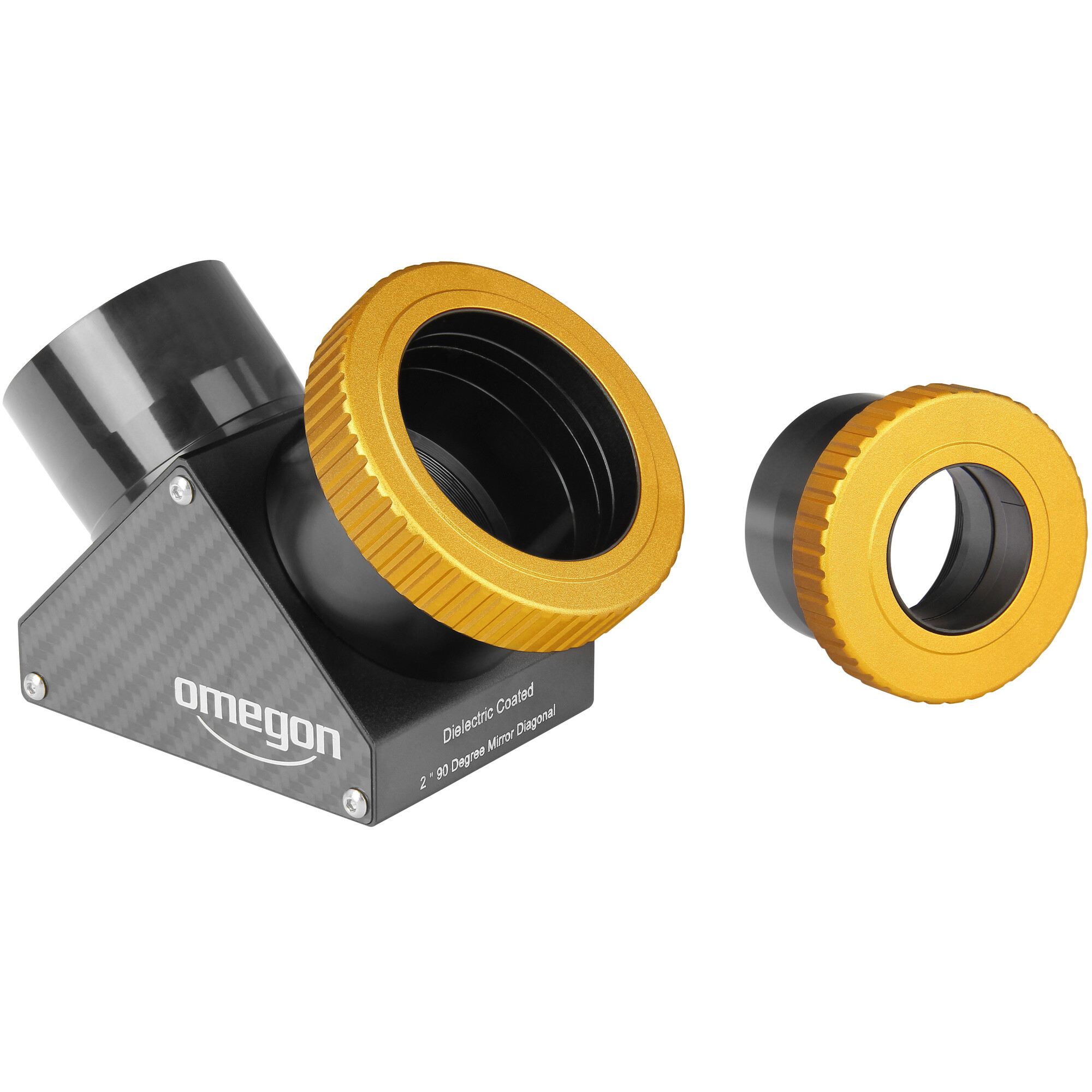 Ein Teleskopdiagonal mit goldenen Ringen und schwarzem Gehäuse. Die Marke ist Omegon. Text lautet: Dielectric Coated, 2" 90 Grad Spiegeldiagonale.