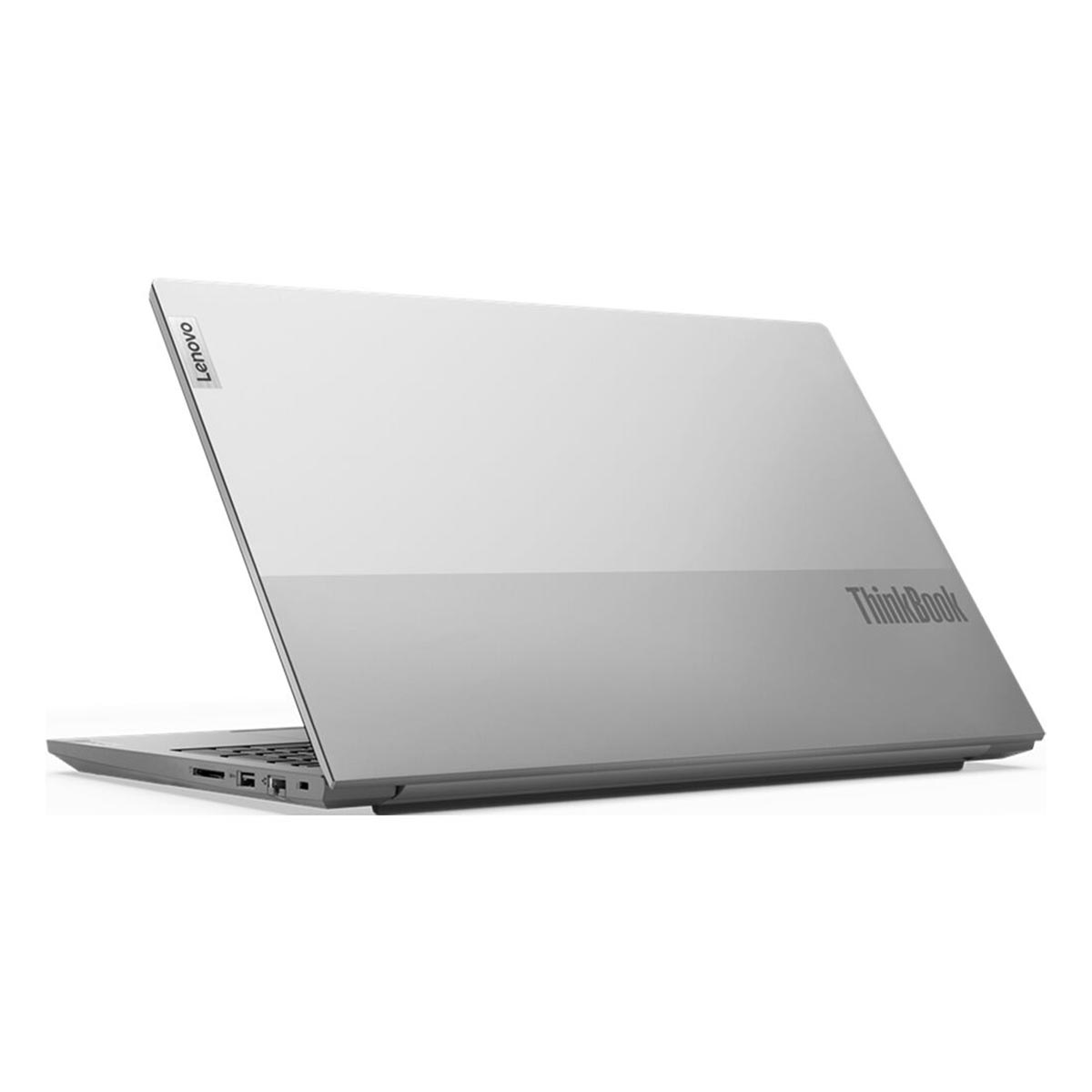 Srebrny laptop Lenovo ThinkBook jest lekko otwarty, ukazując górę. Widoczne jest logo Lenovo. Tło jest białe.