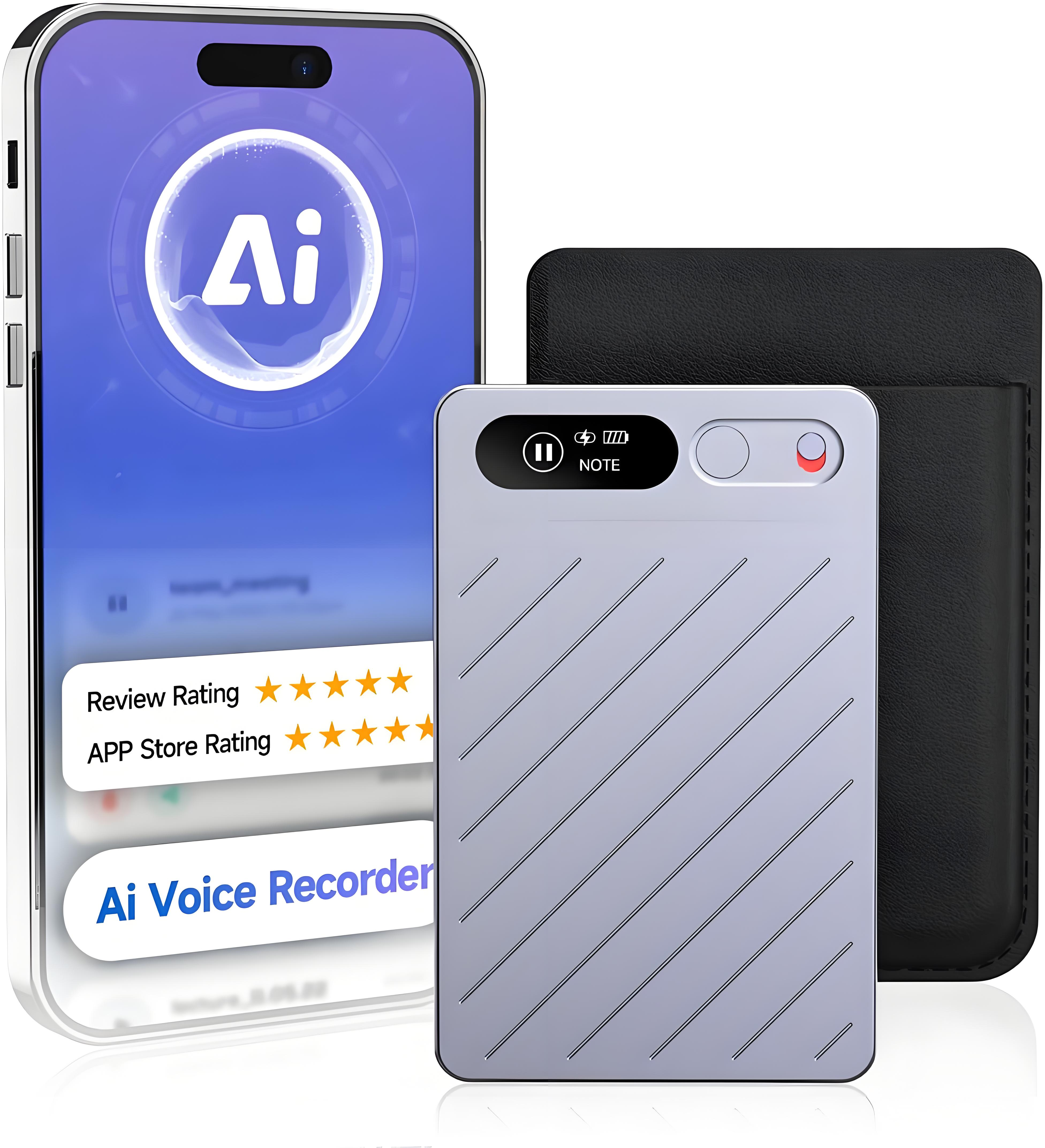 Ein Smartphone zeigt eine KI-App. Ein Rekorder und eine schwarze Ledertasche befinden sich im Vordergrund, alles auf weißer Oberfläche.