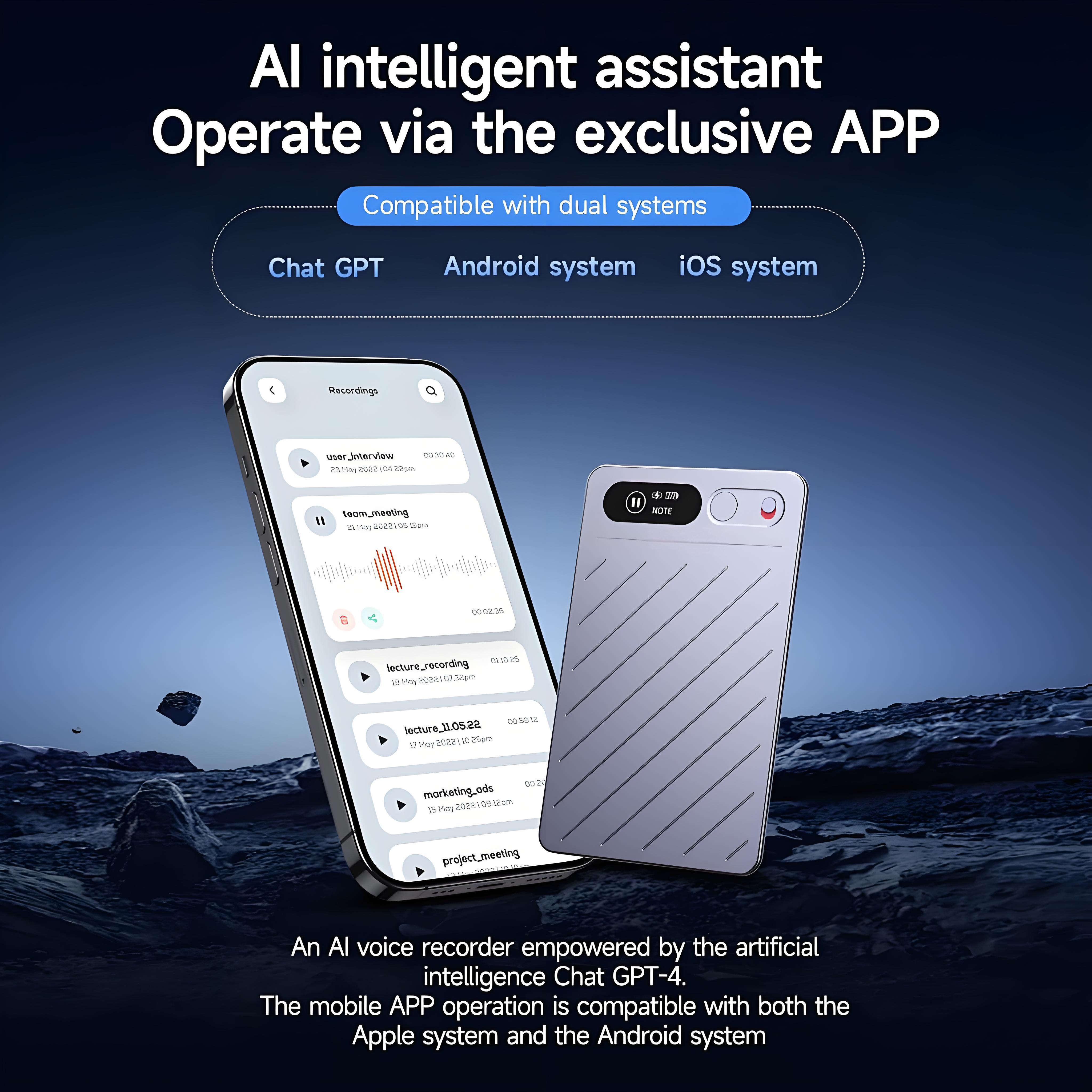 Ein Telefon mit Aufnahmen und ein Gerät mit Notizsymbol, Werbung für einen KI-Assistenten.