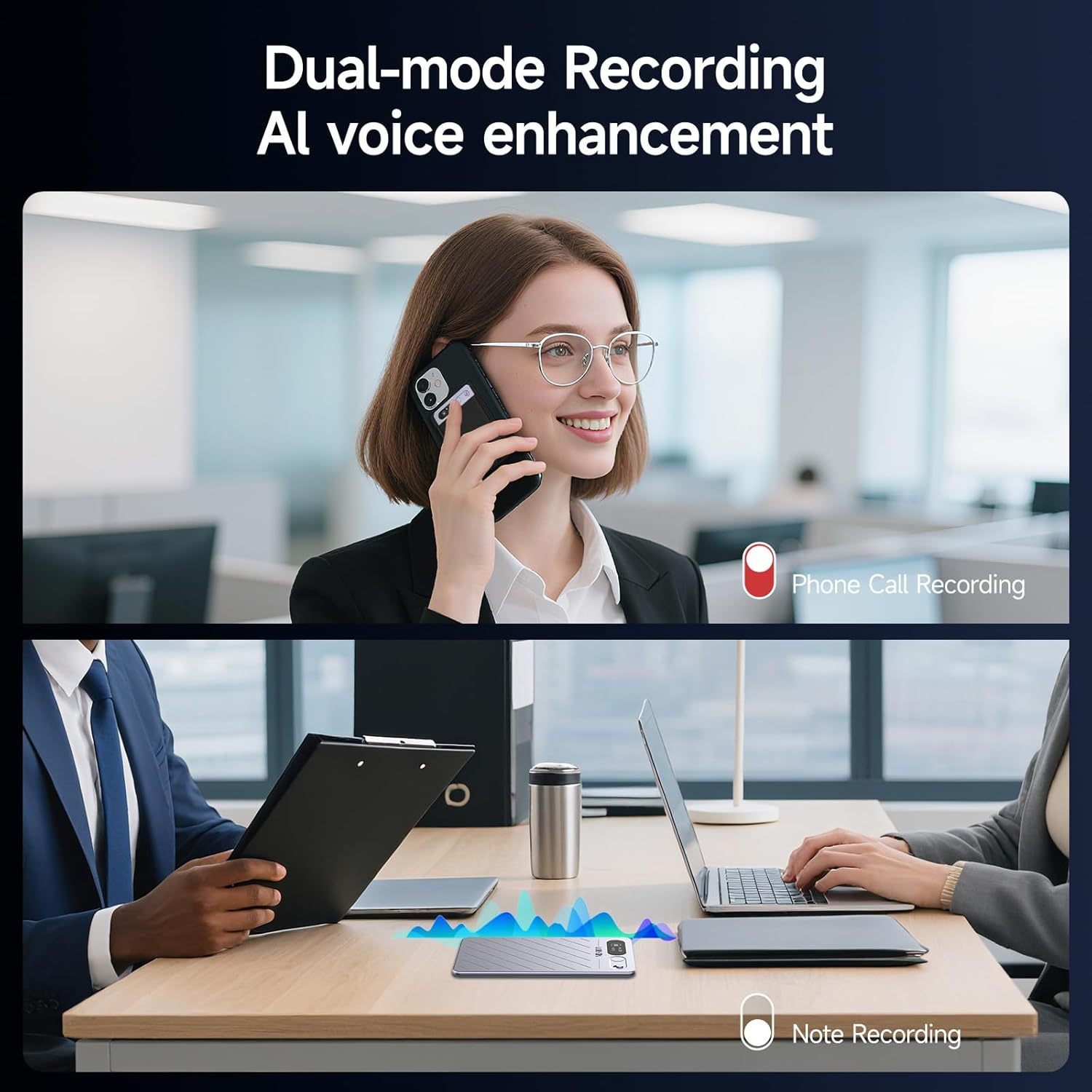Das Bild zeigt Dual-Mode-Aufnahme. Eine Frau telefoniert, eine Person hält einen Klemmbrett und eine weitere tippt auf einem Laptop.